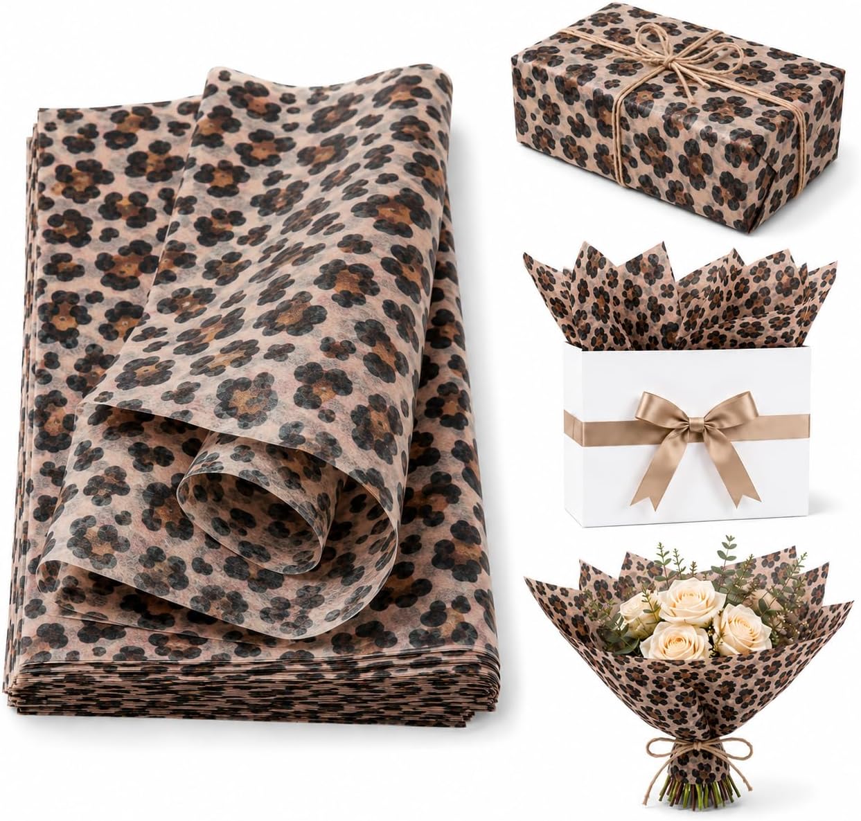 Leopard Print Tissue Paper, 10 Sheets, 20x14 Inch, Classic Brown, for Gift Bags, Boxes, Bouquets, Birthdays, Safari Parties, DIY Crafts