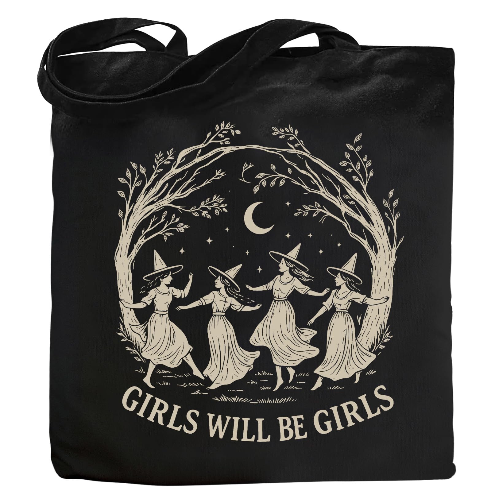 Girls Will Be Girls Witchy Canvas Tote Bag– Aesthetic Witchy Gifts for Women, Cute Spooky Reusable Travel Tote, Witch Inspired Canvas Gift, Black
