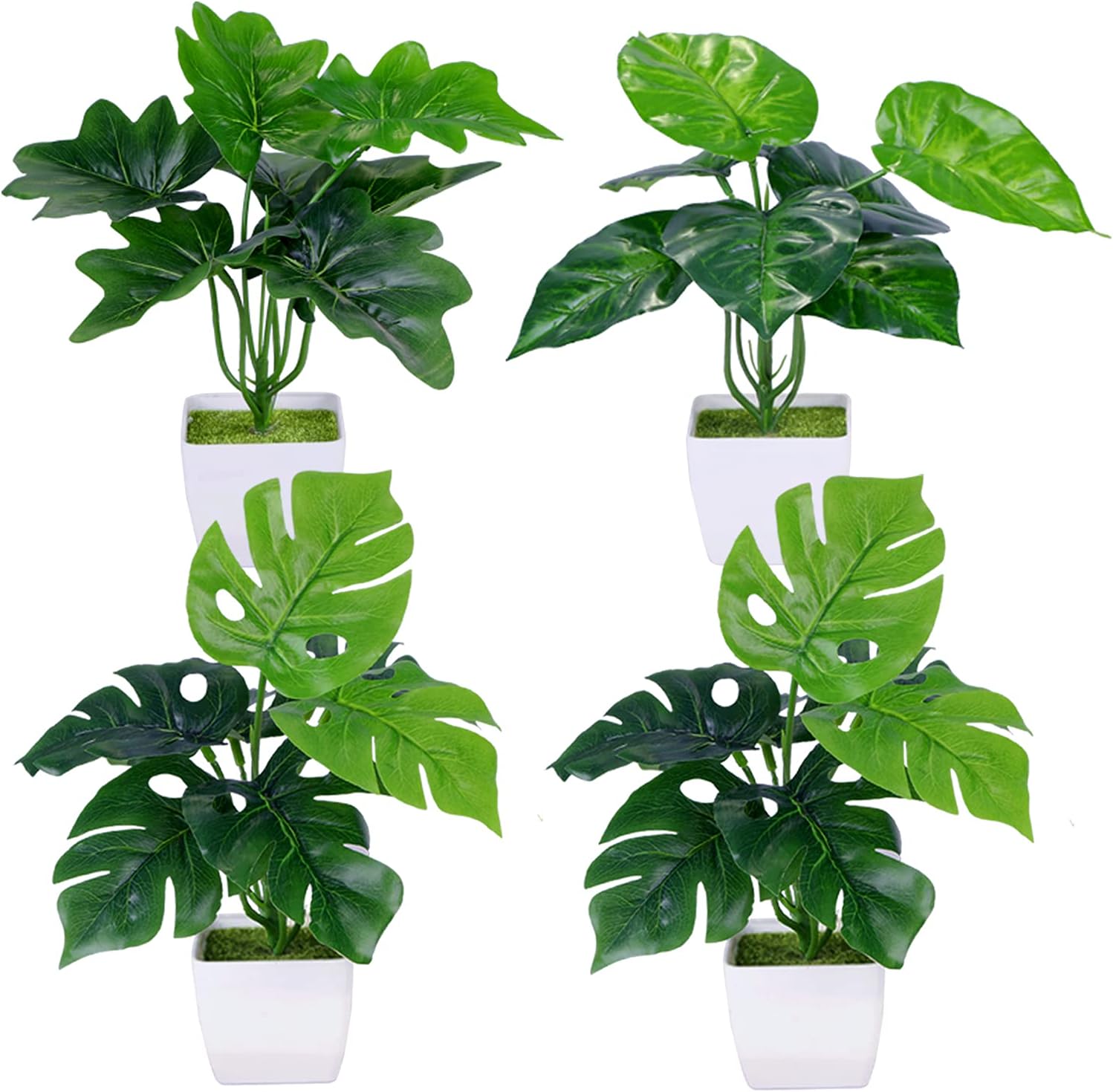Summer Flower 4 Packs Artificial Mini Greenery Potted Plants Indoor,Fake Palm Monstera Leaf, Peacock Leaves in Small Plastic Pot for Shelf ,Office Desk,Bedroom Farmhouse Bathroom Home Decorations