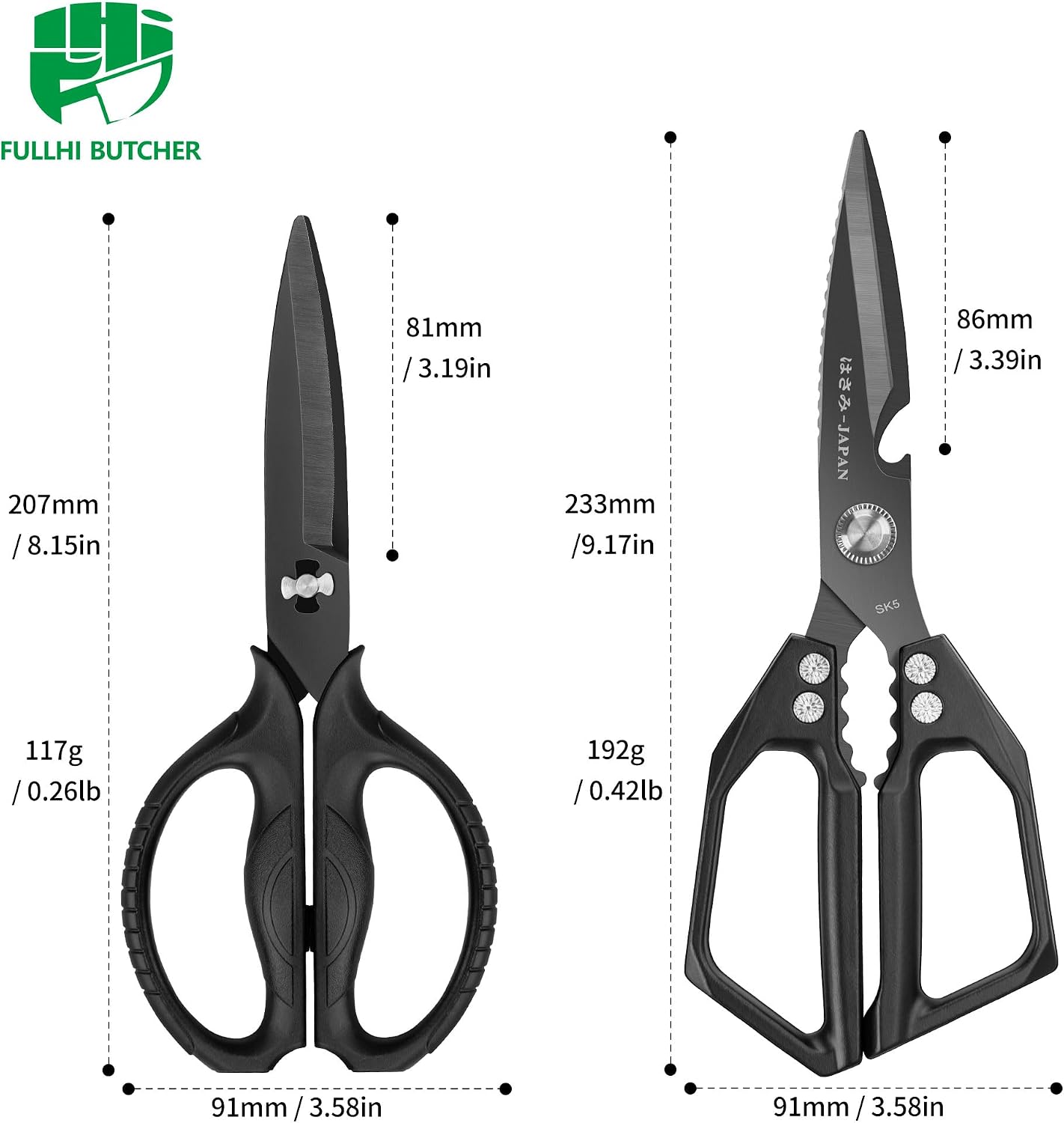 FULLHI Kitchen Shears Set for Food - Stainless Steel, Sharp Black Meat Scissors, Heavy Duty Poultry Shears, All Purpose Japanese Cooking Scissor for Chicken, Turkey, and More (BC 2pcs Set)