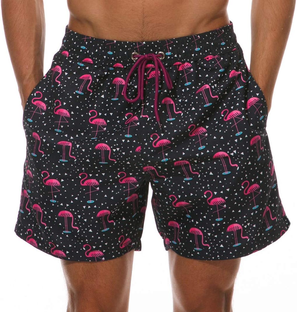 Rosiika Men's Swim Trunks Quick Dry Beach Shorts with Pockets Elastic Waistband - Black - Medium