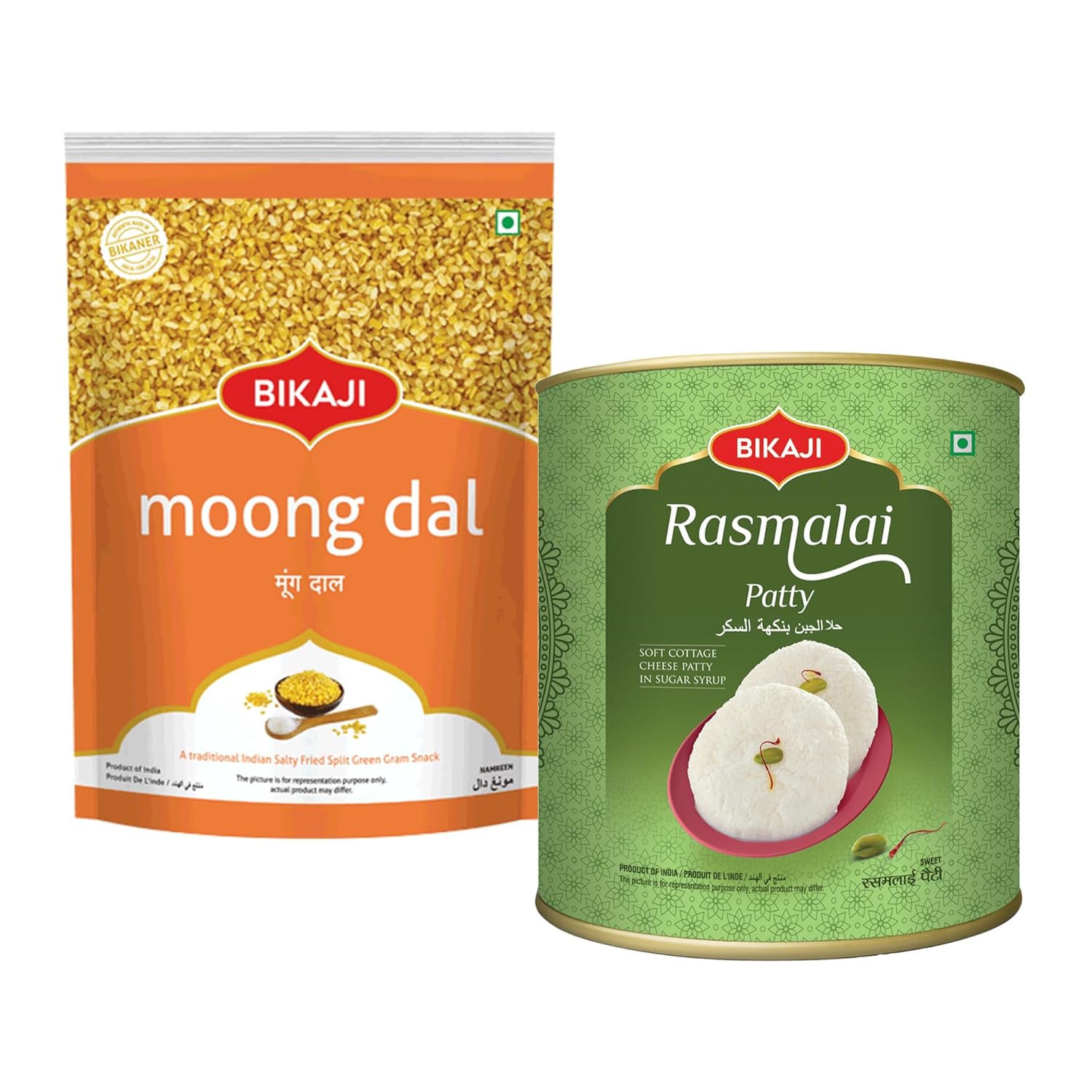 Bikaji Rasmalai Patty 1Kg & Moong Dal 1Kg Combo | Ready to Eat Indian Namkeen | Crunchy Bar Snack, Tea-Time Munchies & Party Mix | Authentic Munching Pack for Sharing & Everyday Snacking