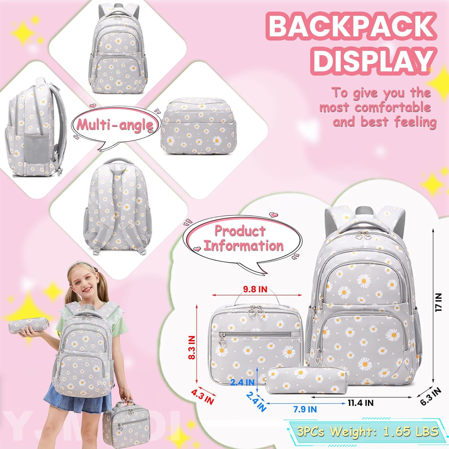 YJMKOI 3Pcs Daisy Prints Backpack for Girls Middle-School Elementary Students Bookbag Set with Lunch Box (Pink) - Image 2