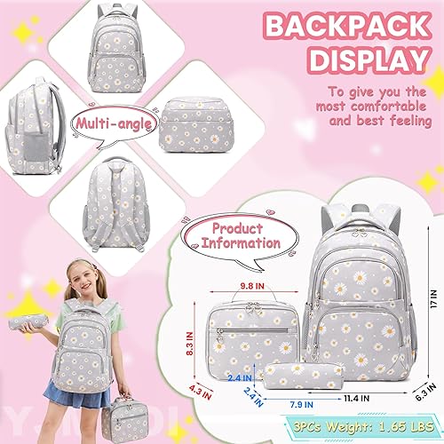 Miniatura 2 de YJMKOI Mochila con estampado de margaritas para niñas de secundaria y primaria, juego de mochila con lonchera (negro)