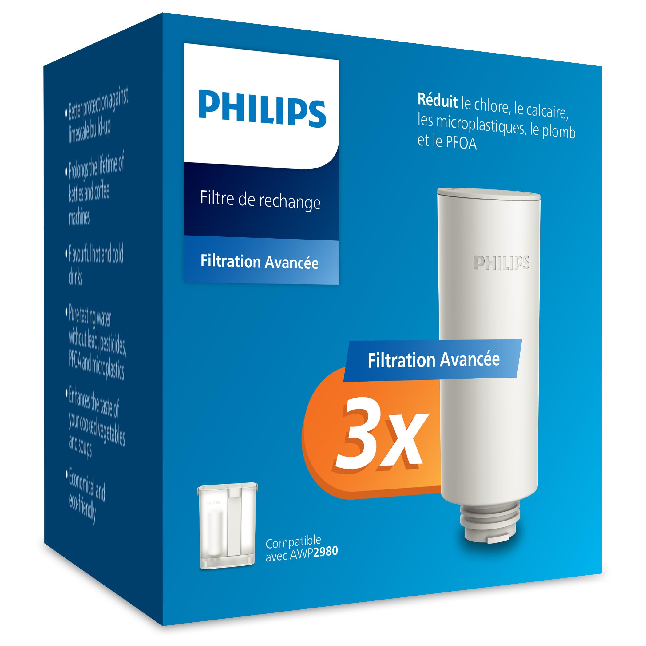Philips Water Filtres de Rechange Pour Distributeur d’eau Filtrée à la Demande – Lot de 3, Filtre Taste+ Améliorant le goût et Réduisant Les Impuretés, Sans BPA