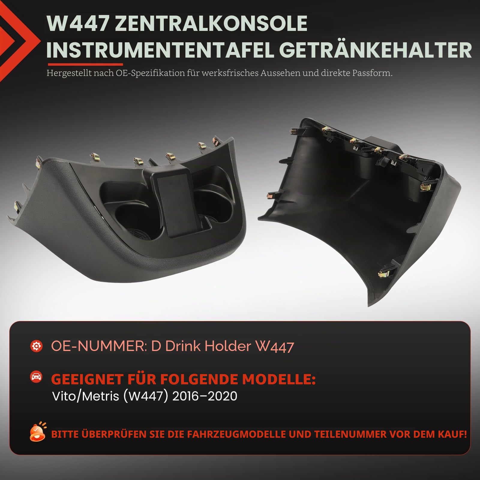 Getränkehalter schwarz kompatibel mit Mercedes-Benz Vito W447 2016-2020 Getränkehalter für zentrales Kontrollinstrument des Autos