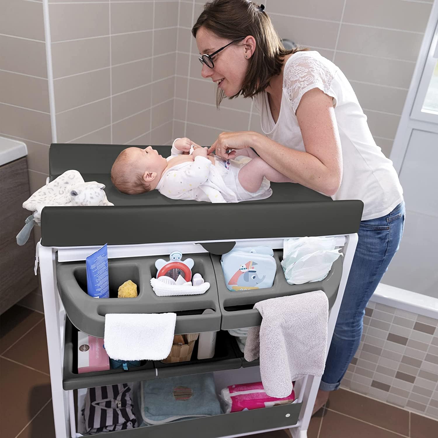 Bebeconfort Dolphy Fasciatoio 2 in 1 con Vaschetta Bagnetto, 0-12 Mesi (max 11kg), Ruote, Cassettiera, Grey Mist