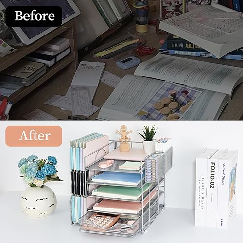 Miniatura 2 de gianotter Bandeja organizadora de papel de 5 niveles con soporte para archivos, organizador de escritorio con cajón y soporte para bolígrafos,
