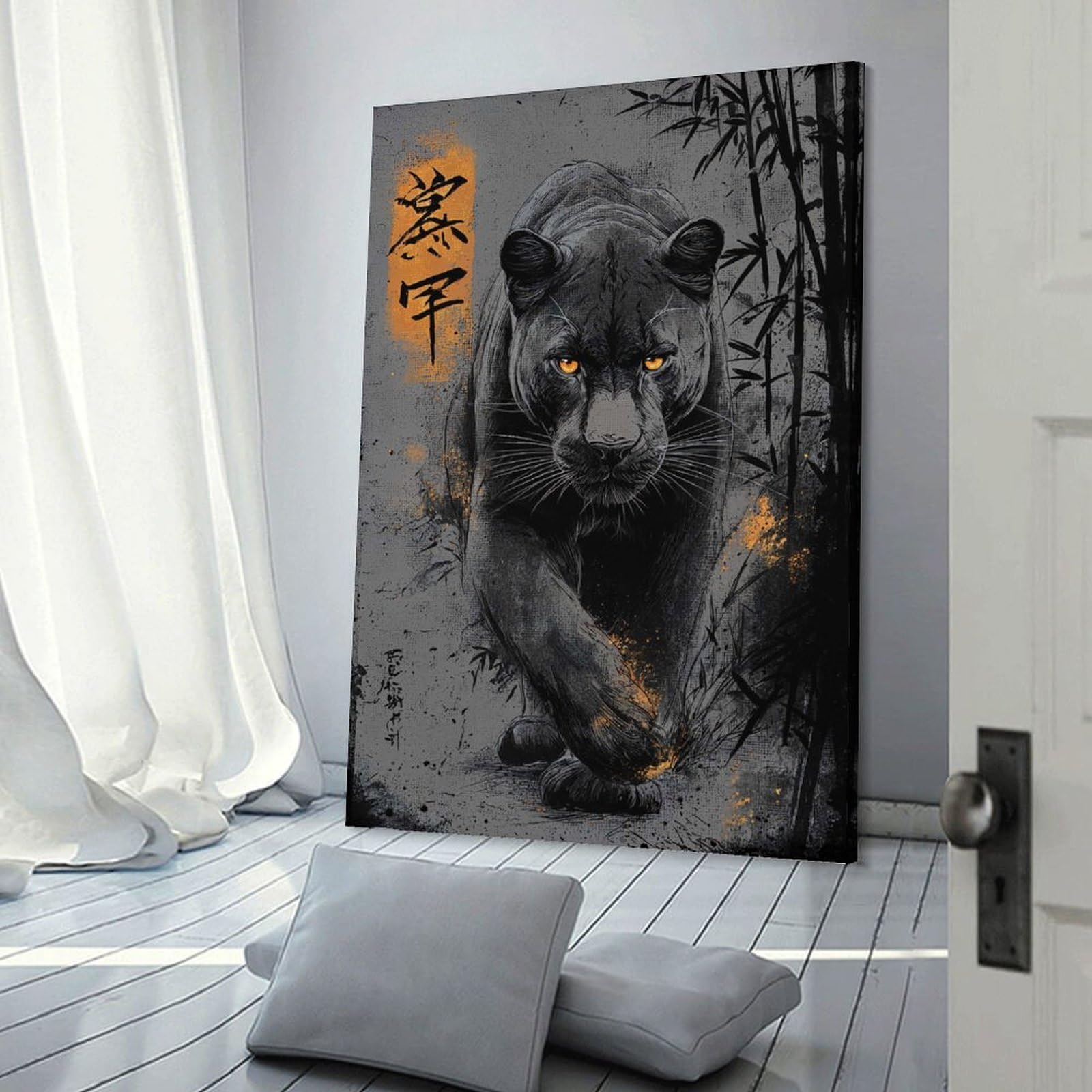 Junmoney Frame-Style-20 Black Panther With Bamboo And Text Canvas Wall Art 24X36inch(60X90cm), For Workspace Walls, Study Corners Or Bedrooms, Wall Art That Adds Style To Work Areas