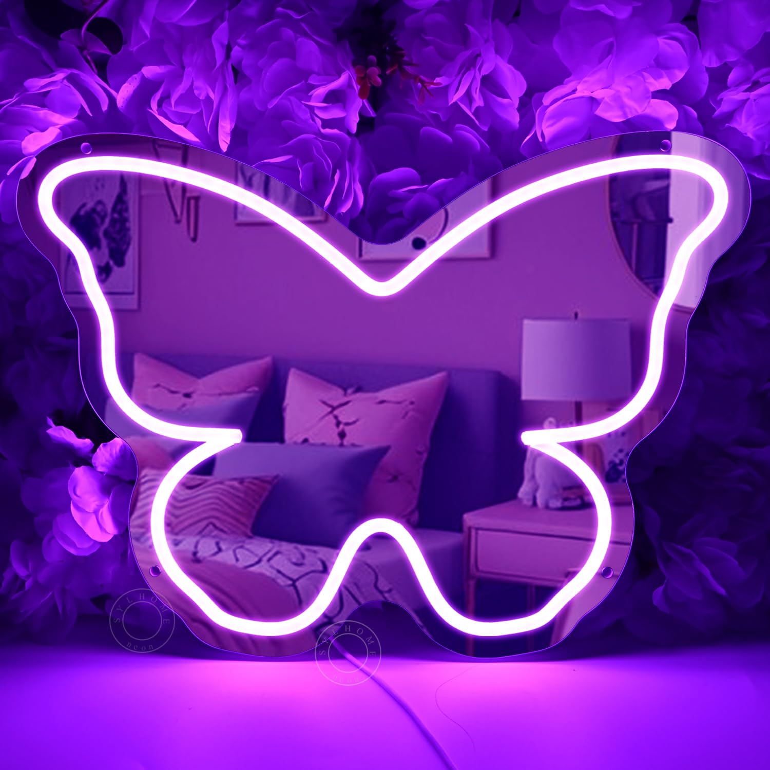 SYLHOME Butterfly Mirror Led Neon Light Sign Home Girls Bedroom Makeup Room Beauty Salon Studio Bar Wall Sign Decor Birthday Wedding Party Decoration