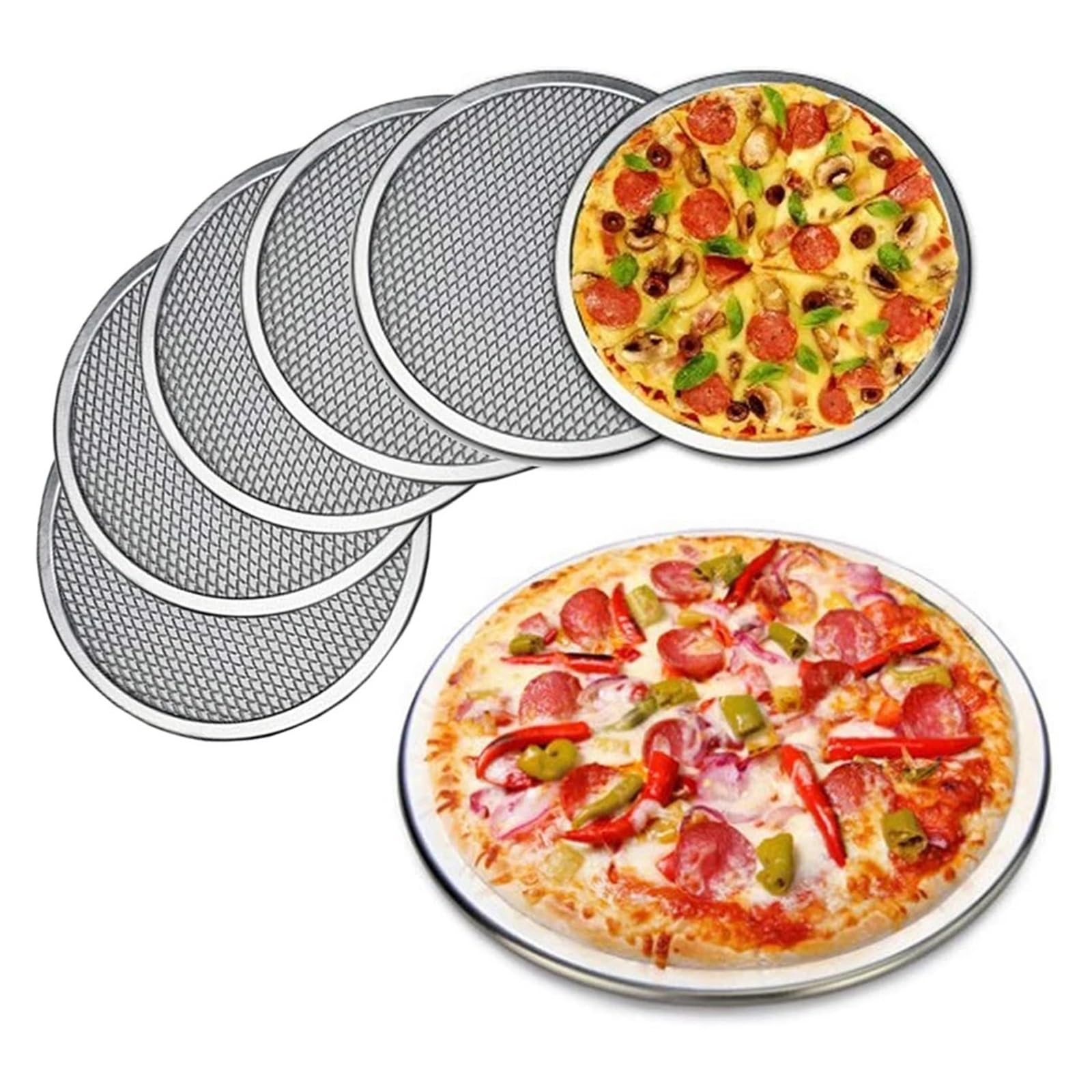 Teglia per Pizza,Teglia Pizza Teglia for pizza rotonda in lega di alluminio da 6 pezzi, 8/10/12/14 pollici, antiaderente, for forno, casa, ristorante, griglia(6Pcs 12inch 30.5cm)