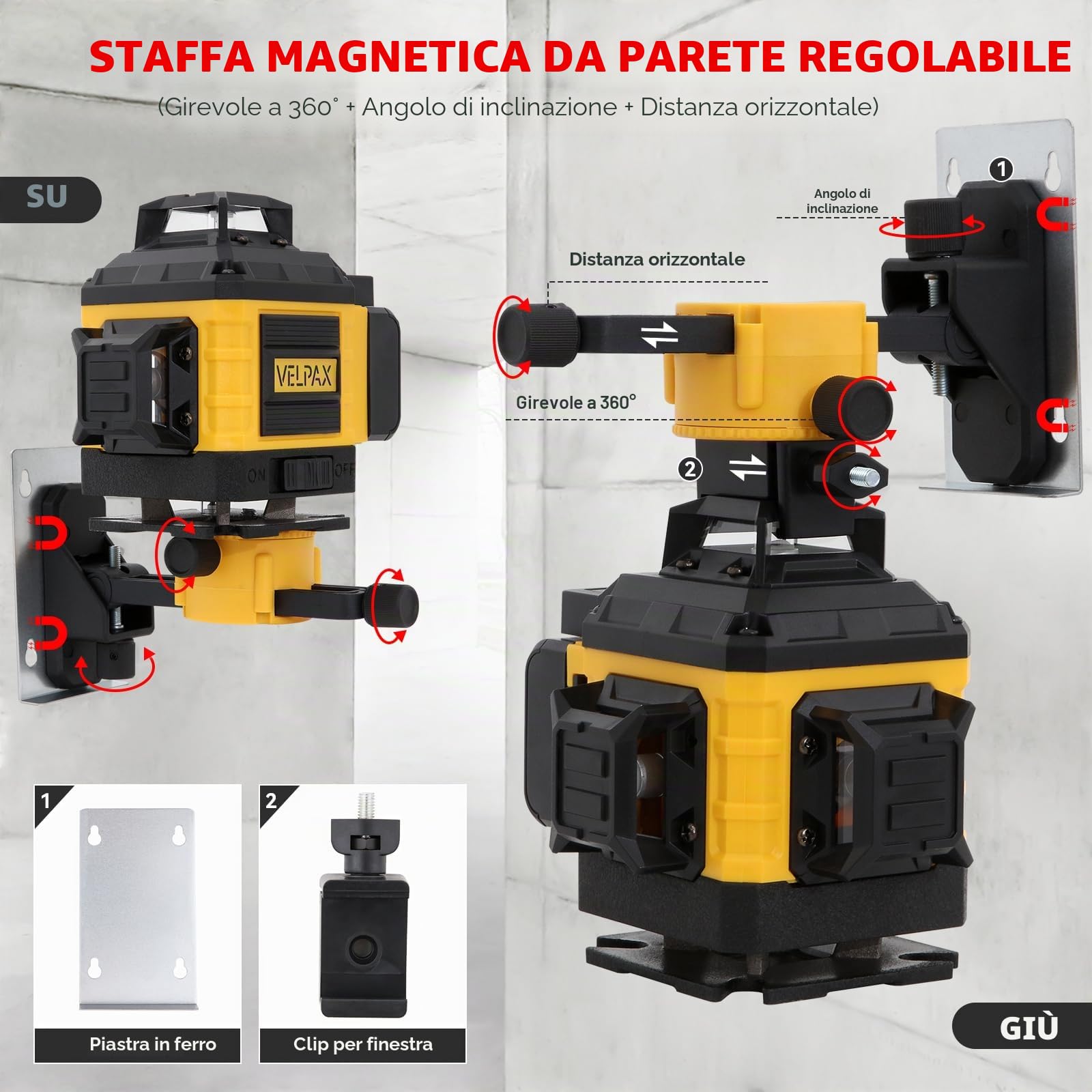 Laser a linee incrociate 16 linee, laser multifunzionale 4D con treppiede, 2 batterie da 2400 mAh, livella laser 4 x 360°, per interni e cantieri edili