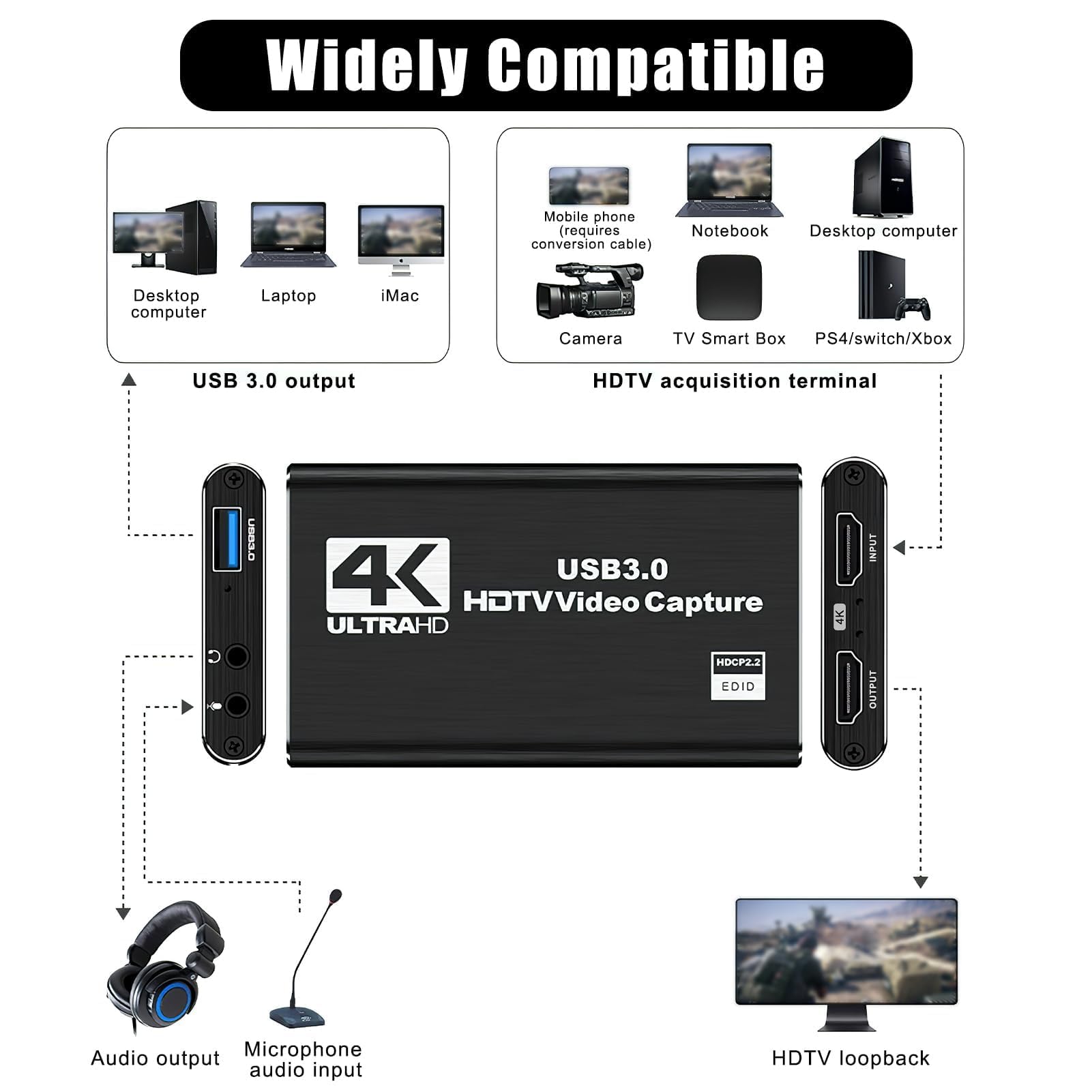 Tarjeta de captura de video HDMI 4K para transmisión, Full HD 1080P 60FPS USB 3.0 tarjeta de captura de audio y video para Nintendo Switch PS5 Xbox 3ds PS4 PC cámara OBS