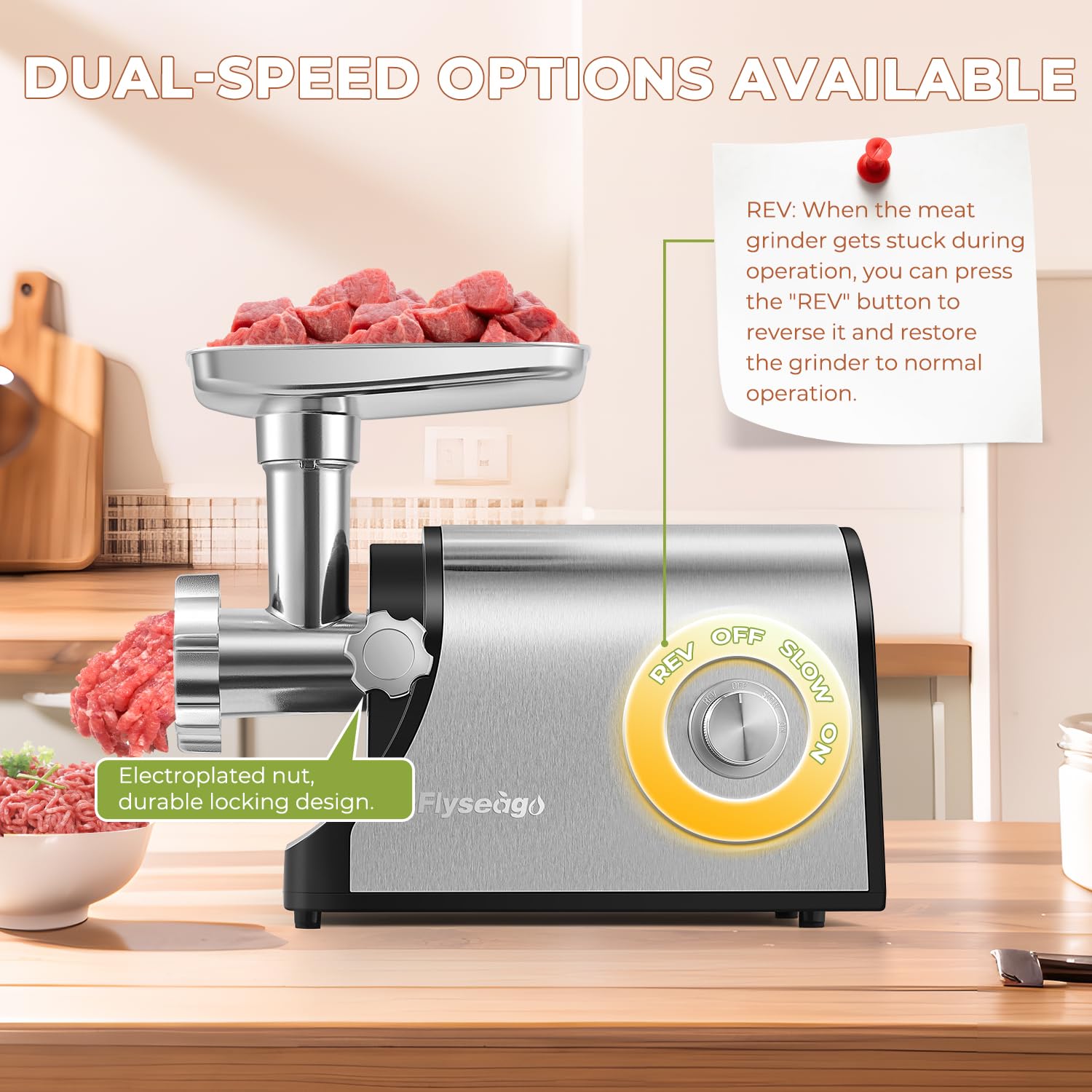 Picadora de carne eléctrica multifuncional de 3200 W, molinillo de carne comercial resistente, trituradora de verduras, cortador de hielo con 2 cuchillas, 3 placas de molienda, 3 tubos de 8
