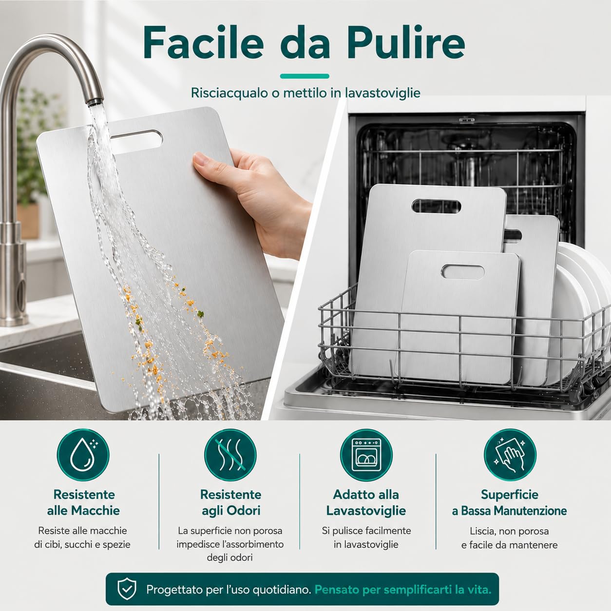 EQTECH Set 3 Taglieri in Acciaio Inox 316 e Titanio per Cucina – 34x23 cm, 29x20 cm e 24x15 cm – Spessore 1 mm – Superficie Non Porosa, Facili da Pulire – Ideali per Carne, Pesce, Frutta e Verdura.