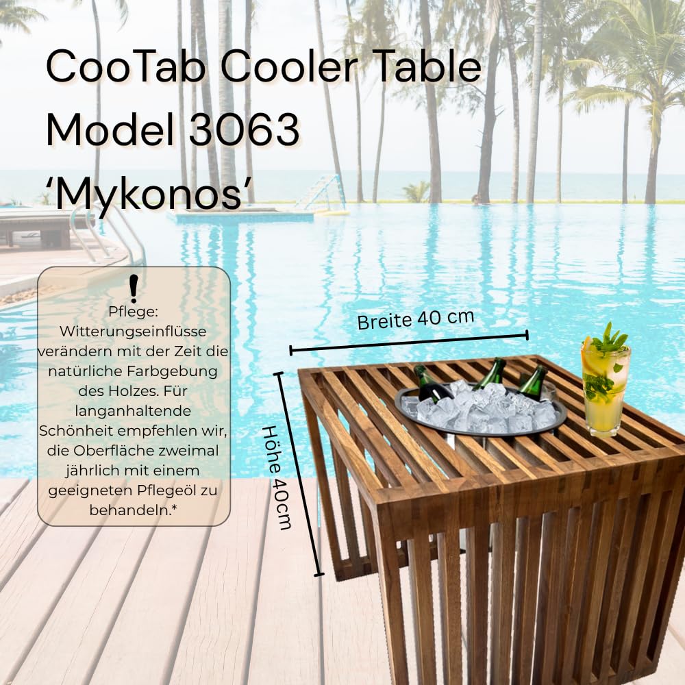 Beistelltisch Mykonos mit Kühlfunktion & herausnehmbarem Edelstahl-Getränkekühler | Outdoor Loungetisch aus Teakholz | wetterfest für Garten, Terrasse & Balkon | 40x40x40 cm Braun