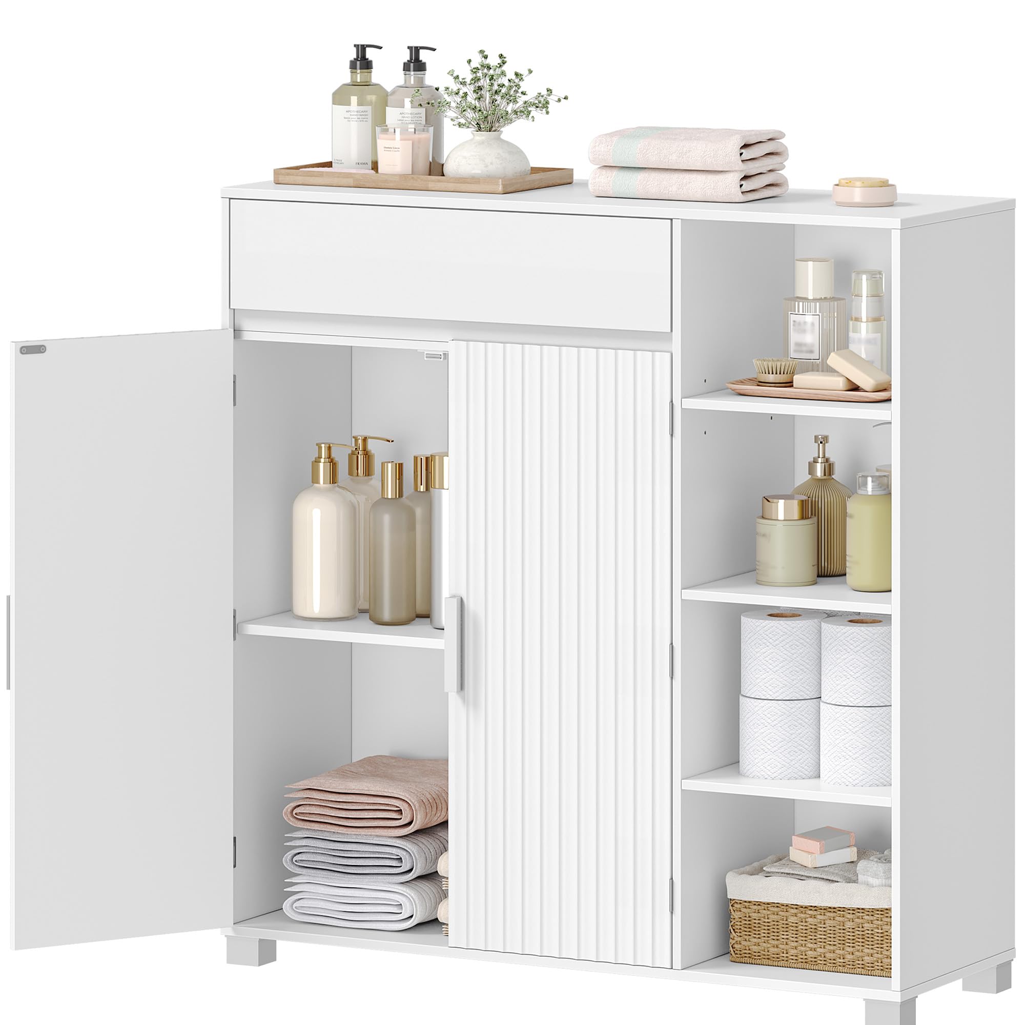 HEXCELEN Meuble de Salle de Bain, Meuble de Rangement, 100 x 103 x 30 cm, Armoire Salle De Bain avec 2 Portes, Compartiment Ouvert, 1 Tiroir, Étagères Réglables, Blanc