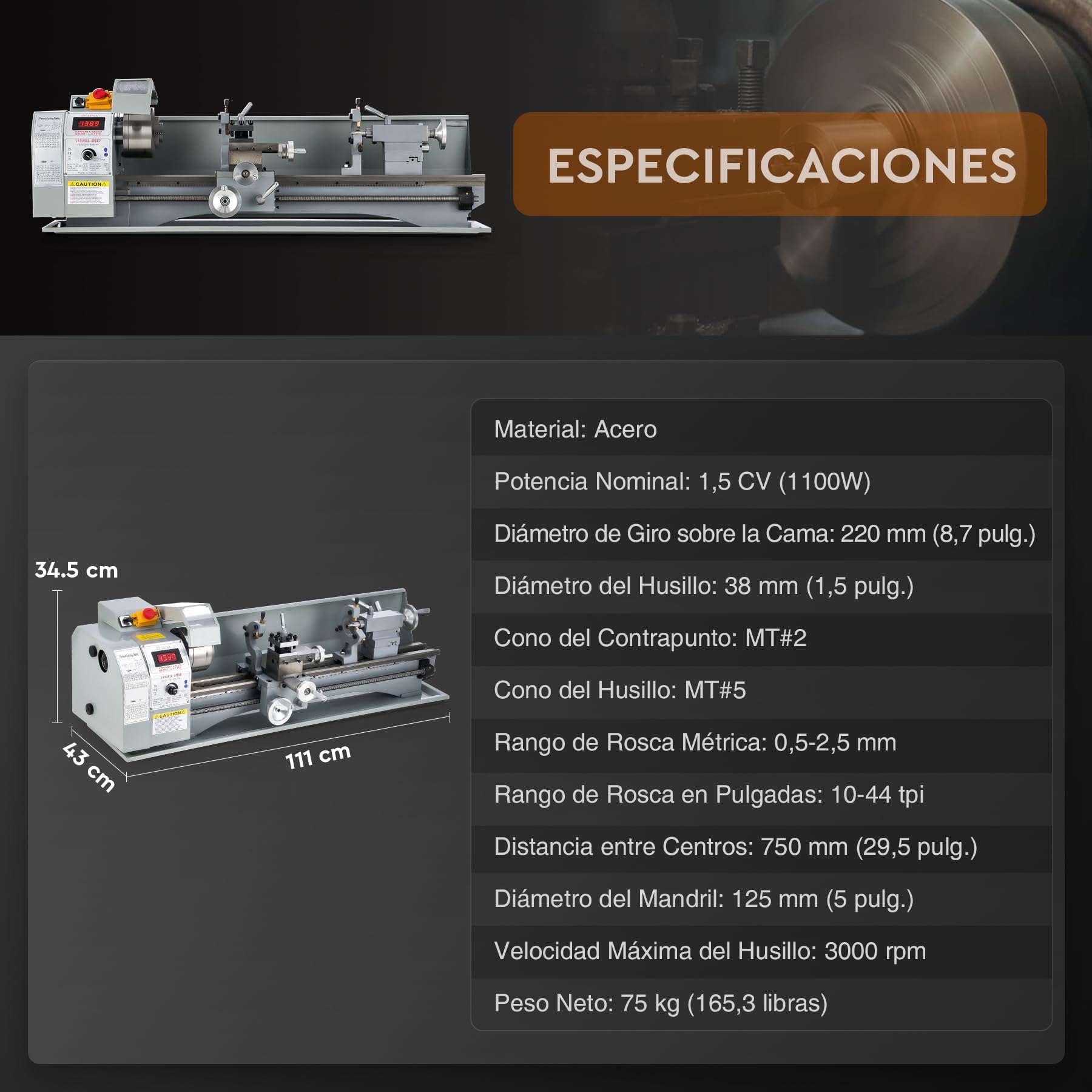 CREWORKS 1100W Torno de Metal, 220X750MM Torno para Metal de Sobremesa con Máx. Velocidad 3000 RPM, Torno de Metal con Pantalla Digital para Torneado de Metales para Roscar, Tornear