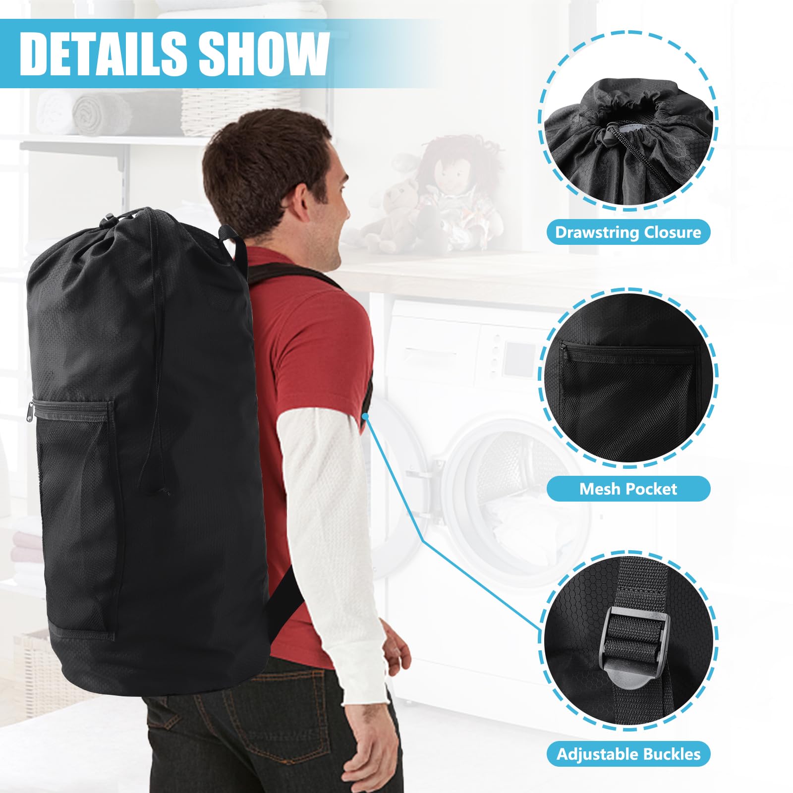 Olosar Wäschesack Rucksack, extra großer Reise-Wäschesack mit Netztasche und verstellbaren Schultergurten, schmutzige Kleidung, Reisetasche für Studenten, Wohnheim, Wohnung, Schwarz, 2 Stück