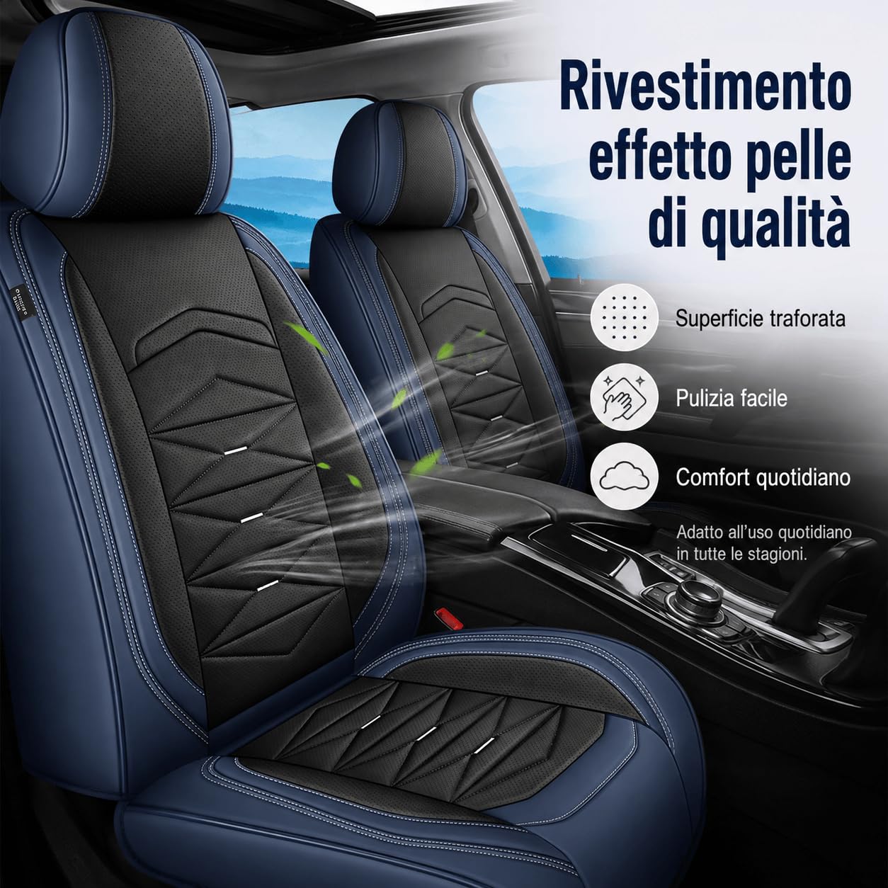 Coprisedili Auto Universali 5 Posti, Set Completo in Pelle Sintetica Effetto Nappa, Coprisedili Anteriori e Posteriori Traforati, Compatibili con Airbag, per Auto SUV