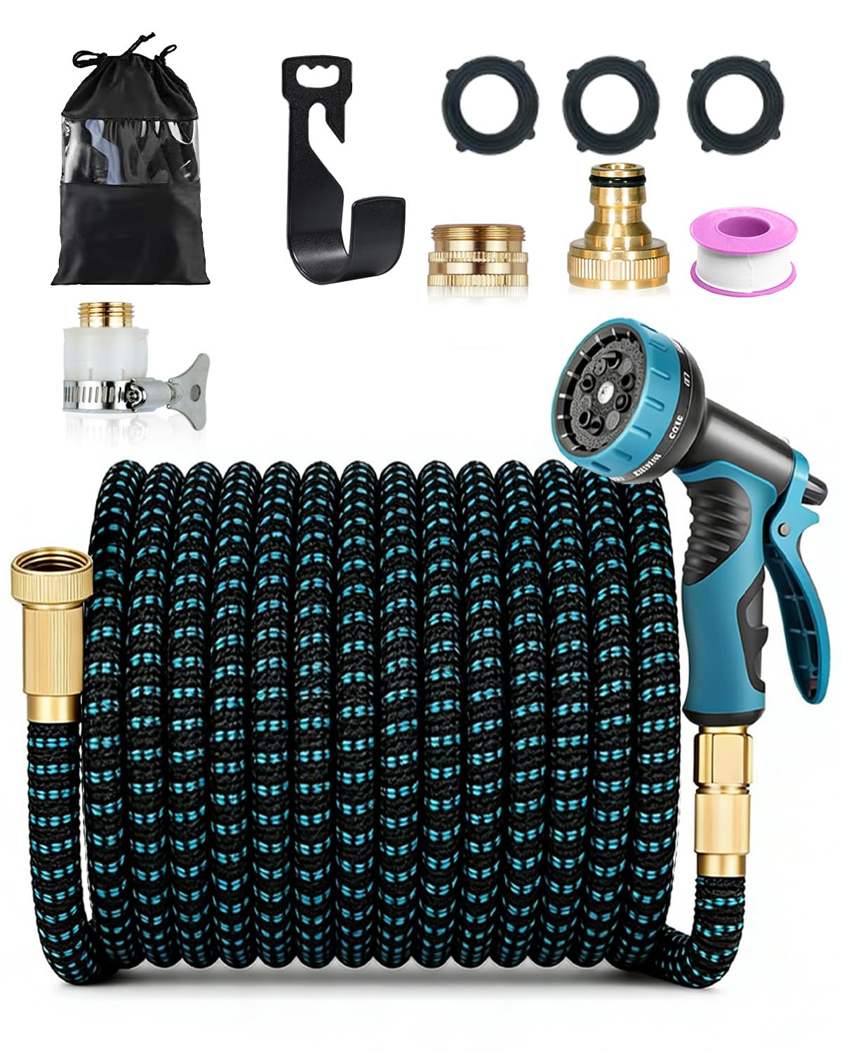 Flexible Garden Hose 100FT/30M, Expandable Water Pipe with 10-Function Spray Nozzle, Durable 4-Layer Latex Core, Leakproof 1/2" & 3/4" Connectors for Garden Watering & Car Cleaning, Black & Blue