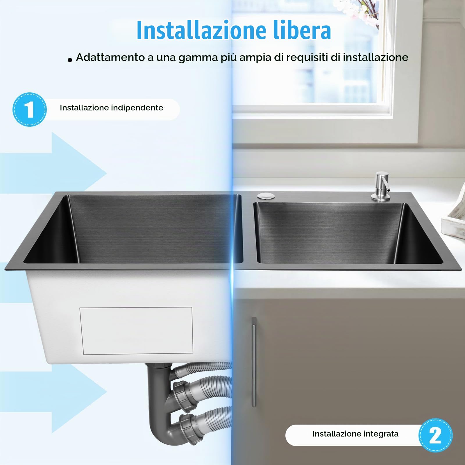Lavello da cucina doppio in acciaio inox, 2 vasche da incasso, con scolapiatti e dispenser di sapone, colore: nero, 78 x 43 x 22 cm
