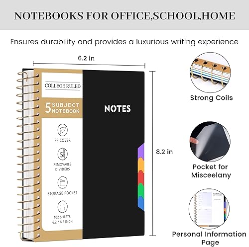 Miniatura 77 de CAGIE Cuadernos de espiral para trabajo escolar con pestañas divisoras extraíbles, 8.5 x 11 pulgadas, cuaderno de 5 materias a rayas universitarias