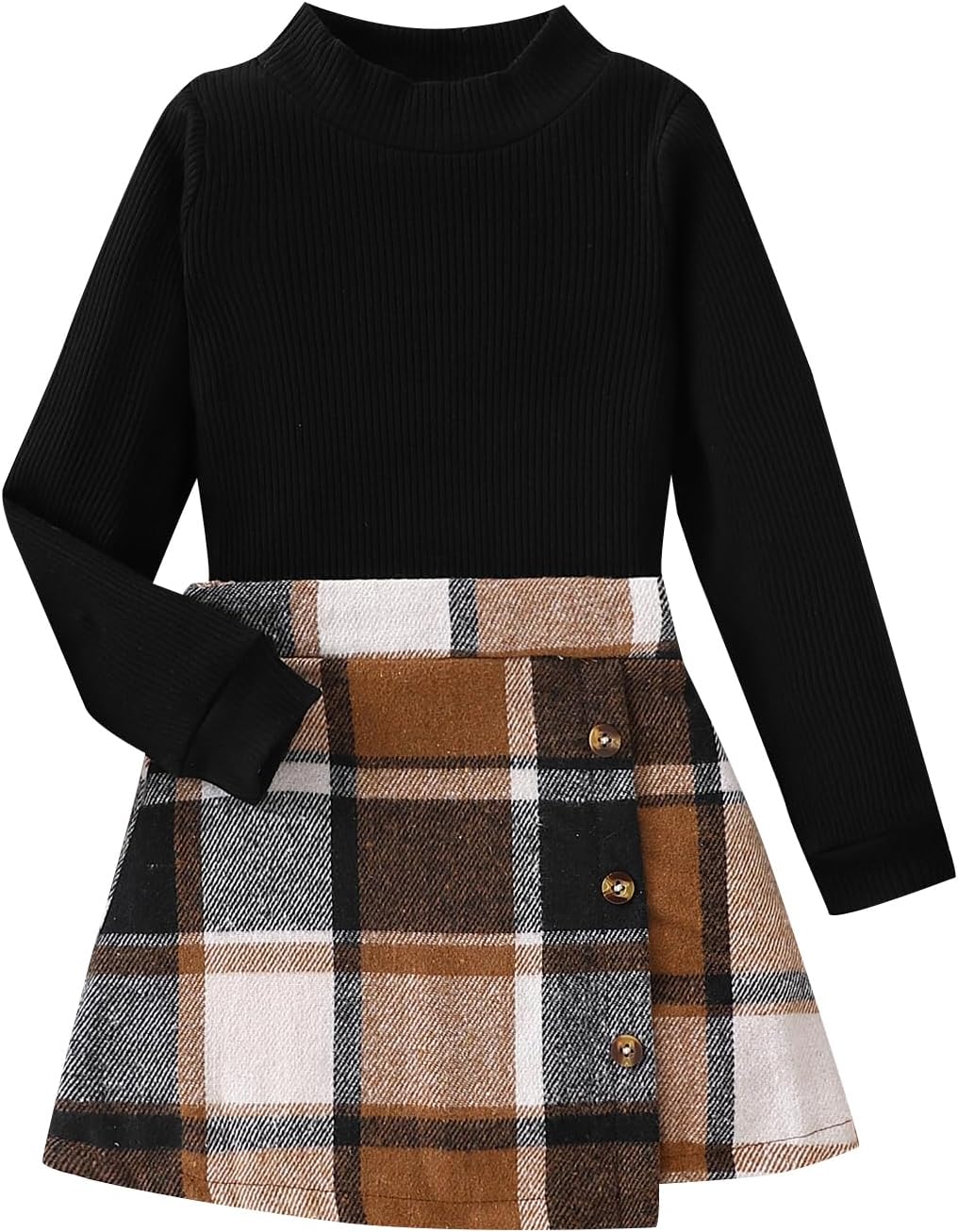 Toddler Kid Girls Plaid Outfits Girls Long Sleeve Knit Ribbed Shirt Tops Plaid Skirt Set Fall Winter Clothes(5-6T)