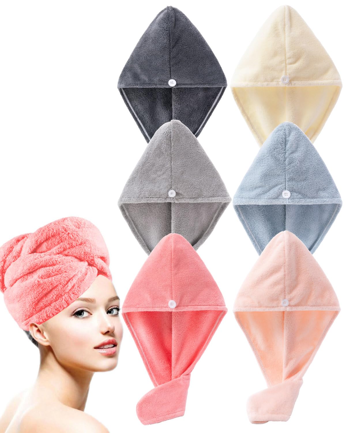 Lumimi 2er-Set Haarturban Kopfhandtuch aus Mikrofaser Extra Saugfähig Schnelltrocknend Flauschig Knopfverschluss