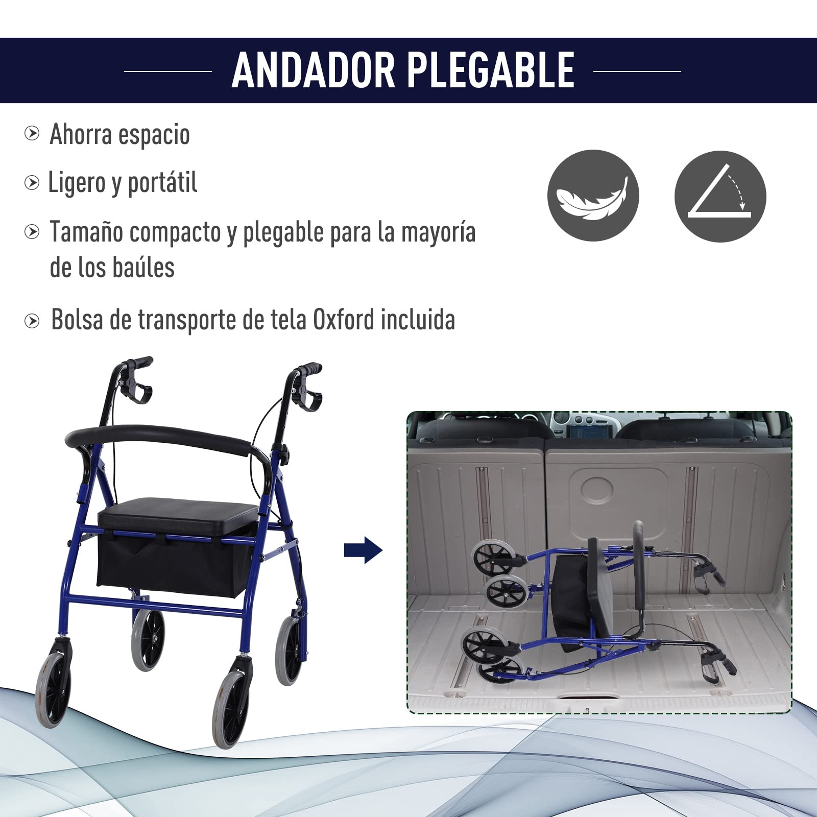 HOMCOM Andador para Adultos Plegable Con Almacenaje Asiento y Frenos 65x53x79-89 cm Azul y Negro