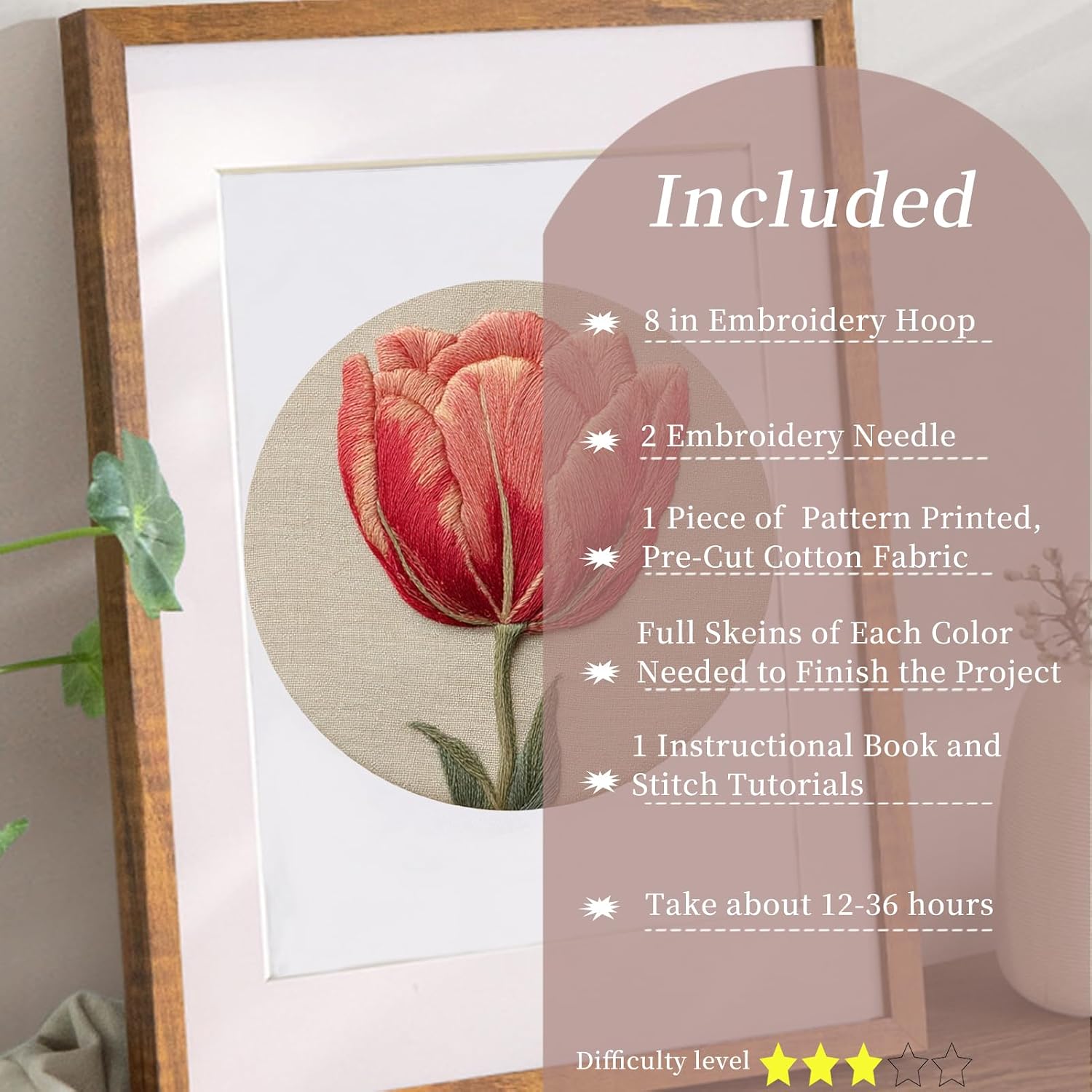 FONNUY Embroidery Kit for Beginners, Tulips Flowers Pre-Stamped Pattern Kits for Adults with Hoop, Easy to Follow Color Thread Needlework, 8'' Hoop (Red)