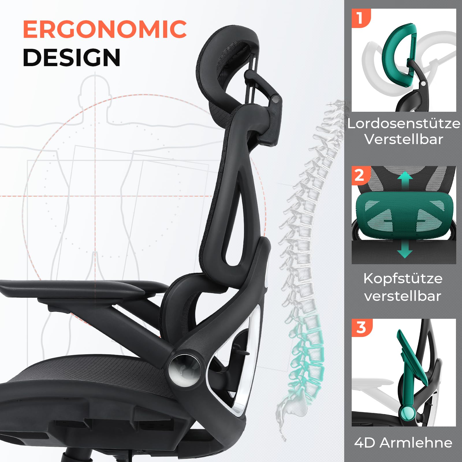 CAPOT Ergonomischer Bürostuhl aus Netzstoff, Verstellbarer Schreibtischstuhl mit hoher Rückenlehne, 180 kg, 4D-Klapparme, 3-stufige Neigungslehne, 3D-Kopfstütze, PU-Räder, drehbarer Computerstuhl für