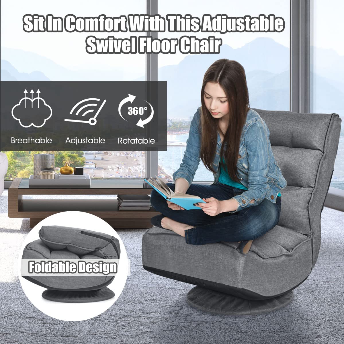 LIFEZEAL Chaise de Sol Pivotante à 360°Réglable en 5 Positions, Fauteuil Sol avec Dossier Réglable, Chaise de Méditation en Mousse, Design Pliable, Charge Maximale 150 kg (Gris)
