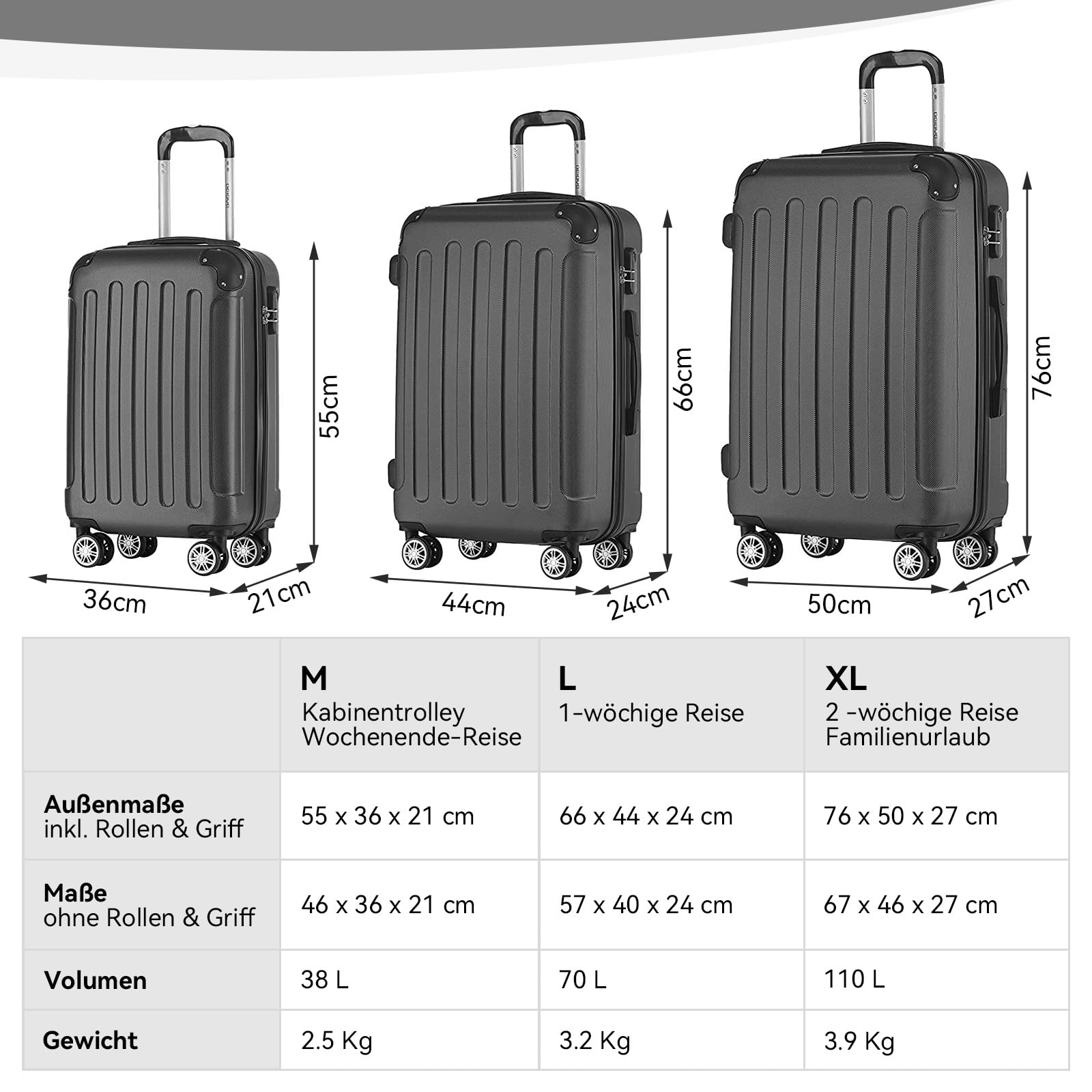 BEIBYE Handgepäck Koffer M 55 cm – Kabinenkoffer aus ABS, leicht, 360° Doppelrollen, Reisekoffer für Kurzreisen, Schwarz