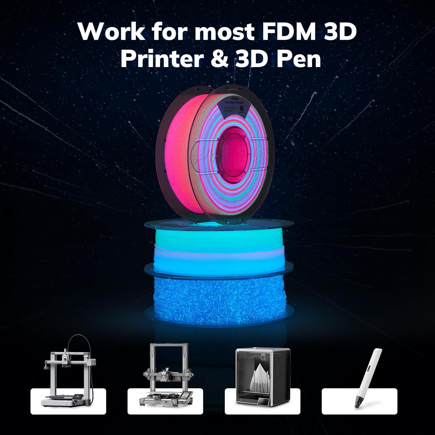 AMOLEN PLA Filament Glow in The Dark, Rainbow 5M Pink, Purple, Green, Blue, Multicolor Fast Change 3D Printer Filament 1.75mm, Best with UV Lamps, 1KG Spool (2.2lbs), Dimensional Accuracy +/- 0.02 mm