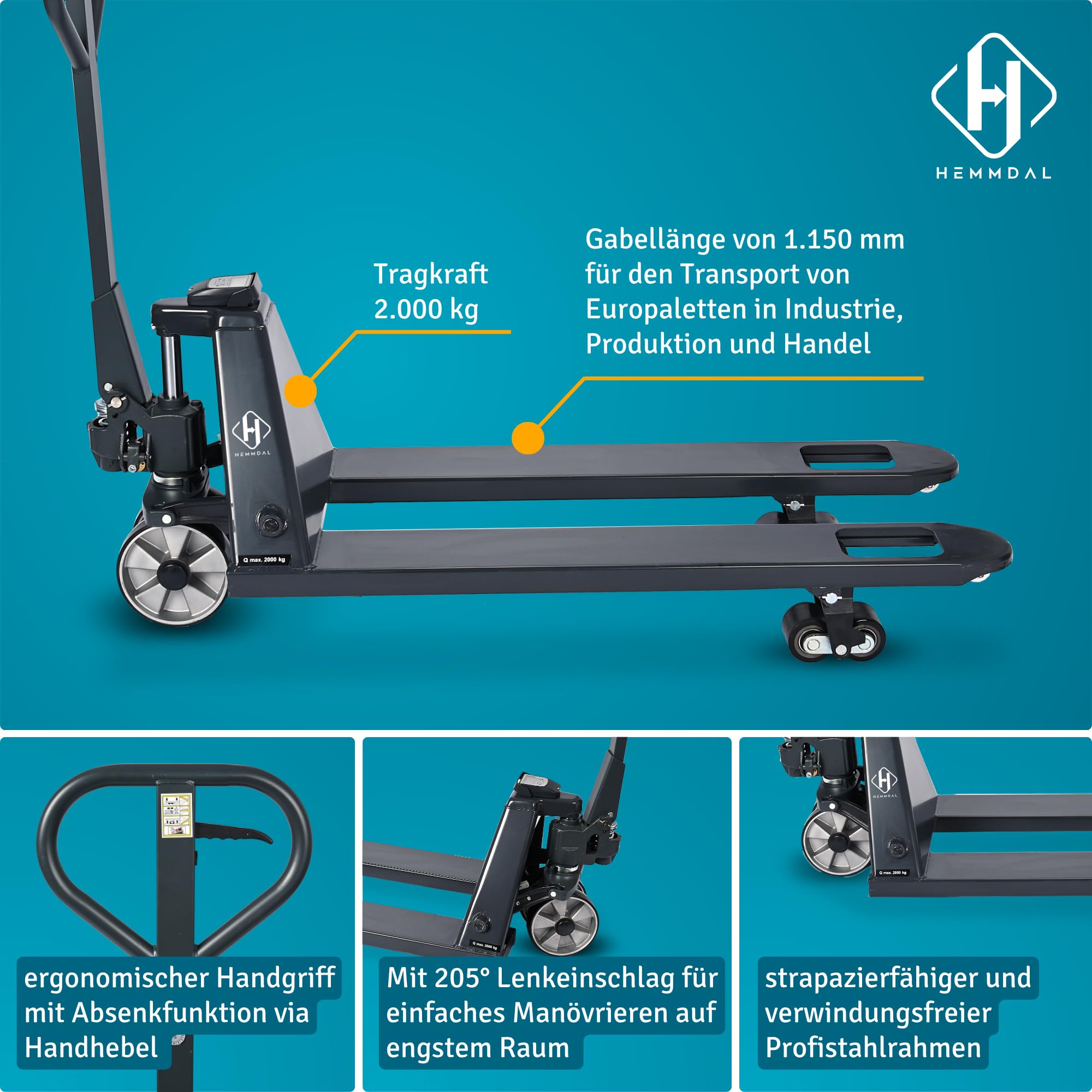 HEMMDAL Hubwagen PTM mit Waage | Display mit 5 kg Schritten | 2.000 kg Tragkraft | 1.150 mm Gabellänge | Polyurethan Lenkrad | Polyurethan Tandem-Gabelrollen | Wiegehubwagen