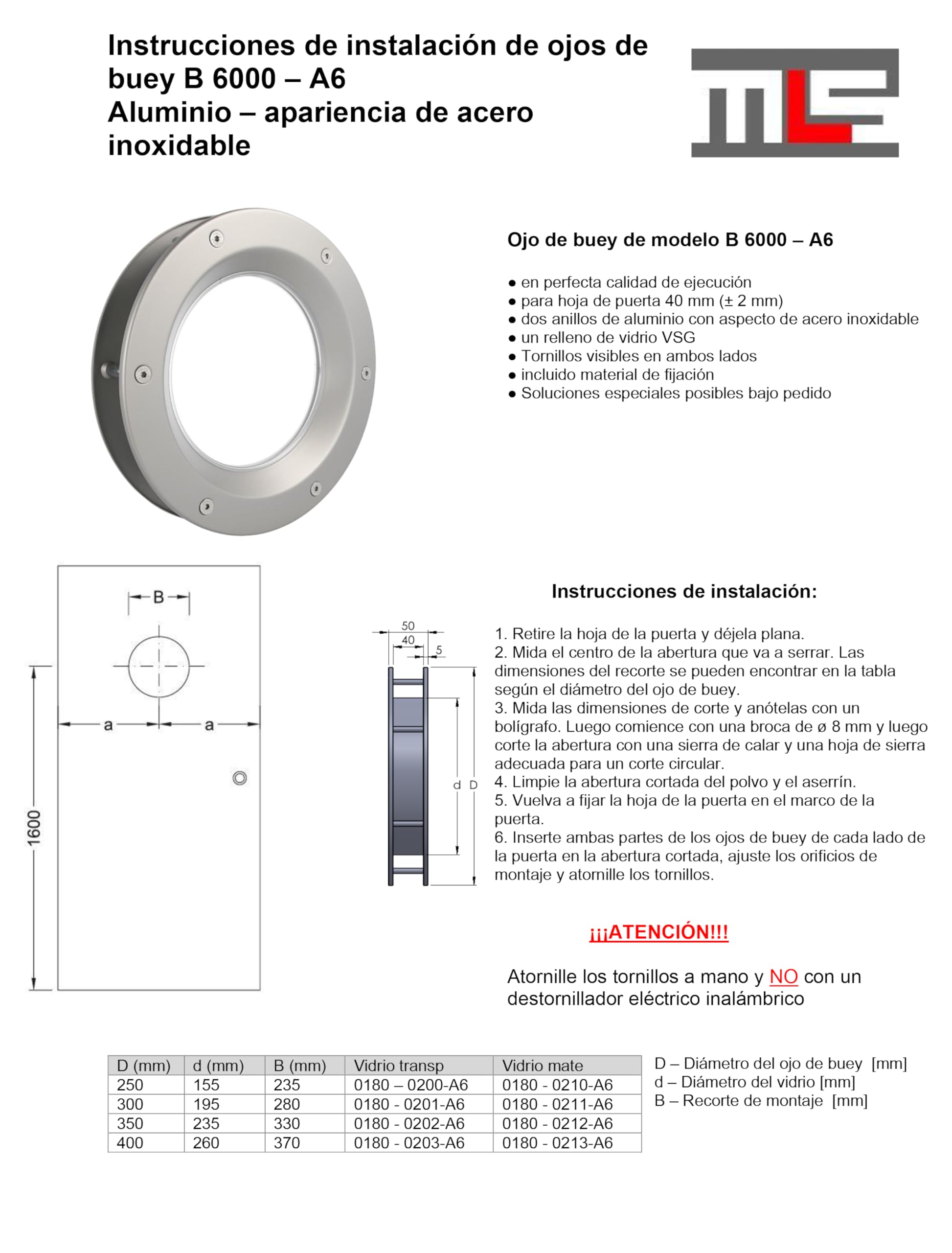 MLS Ojo de Buey B6000, de Aluminio Robusto, Vidrio de Seguridad VSG, Apto para Puertas de 40 mm de Espesor, Tornillos de Fijación Visibles en Ambos Lados, 300 mm de Diámetro, Vidrio Transparente