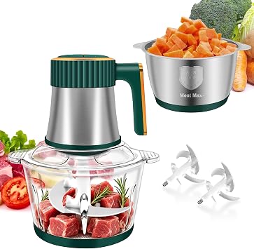 Food Processor, 5 Speed Meat Grinder with 2 Bowls8 Cup+8 Cup, Green | 4 Bi-Level Blades Electric Food Chopper, Mini Kitchen Cutter for Vegetable Onion Garlic Meat