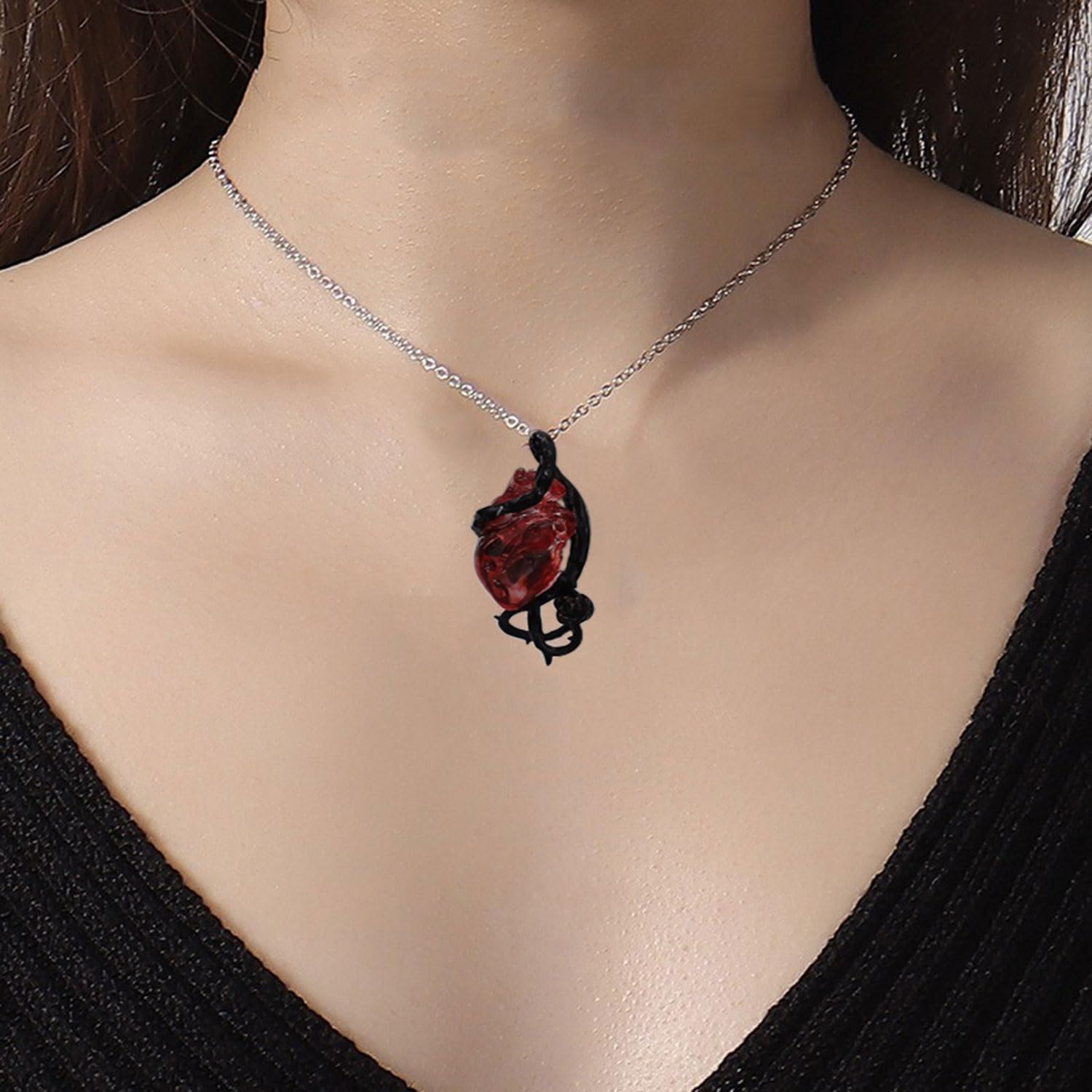 Gothic Anatomical Heart Necklace for Women Silver Black Big Anatomical Heart Pendant Necklace Halloween Goth Accessories Necklace Halloween Jewelry Gifts for Women - Image 2