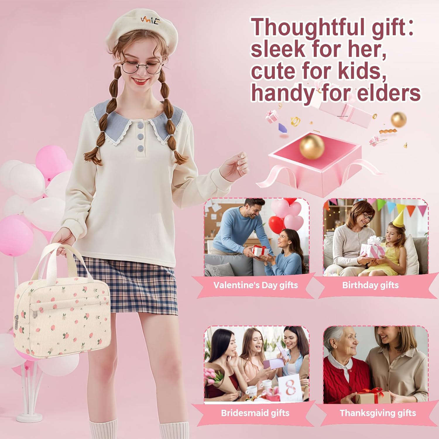 Small Makeup Bag for Purse Cute Corduroy Cosmetic Pouch with Zipper Travel Toiletry Bag for Women(Cute strawberries pink) - Image 3