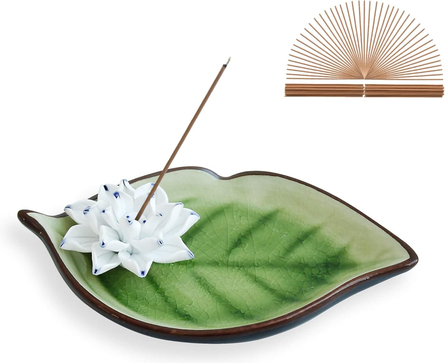 YYDS Incense Burner Incense Stick Burner Holder Ceramic Decorative Lotus with Ash Catcher Tray Durable for Office Bedroom Home Decoration Incense Holders (Color : Green)