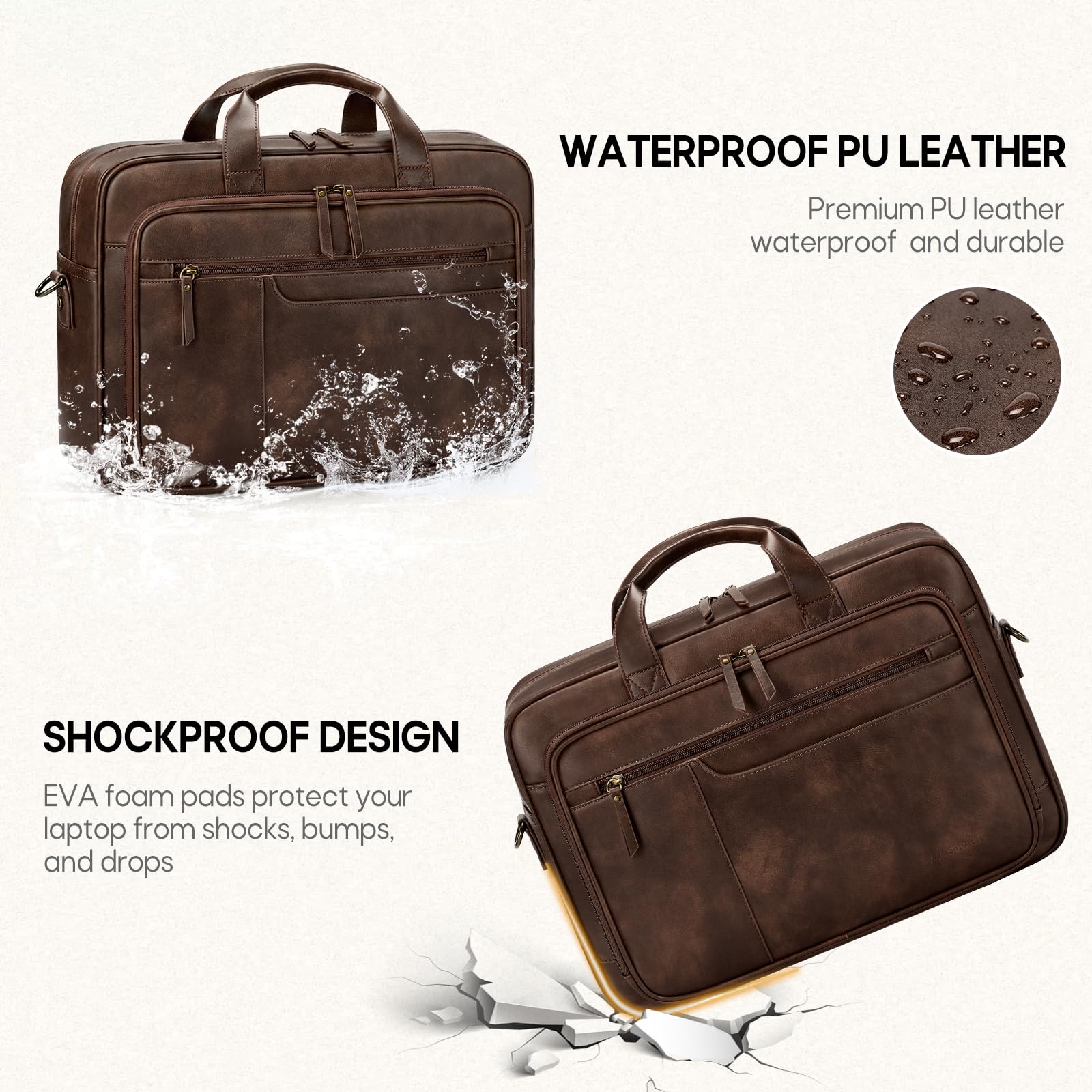 RAINSMORE Aktentasche Herren Vintage PU Leder 16 Zoll Laptoptasche | Arbeitstasche, Wasserdicht Ledertasche, Messenger Bag, Effiziente Organisation, Vielseitig für Büro, Uni, Geschäftsreisen