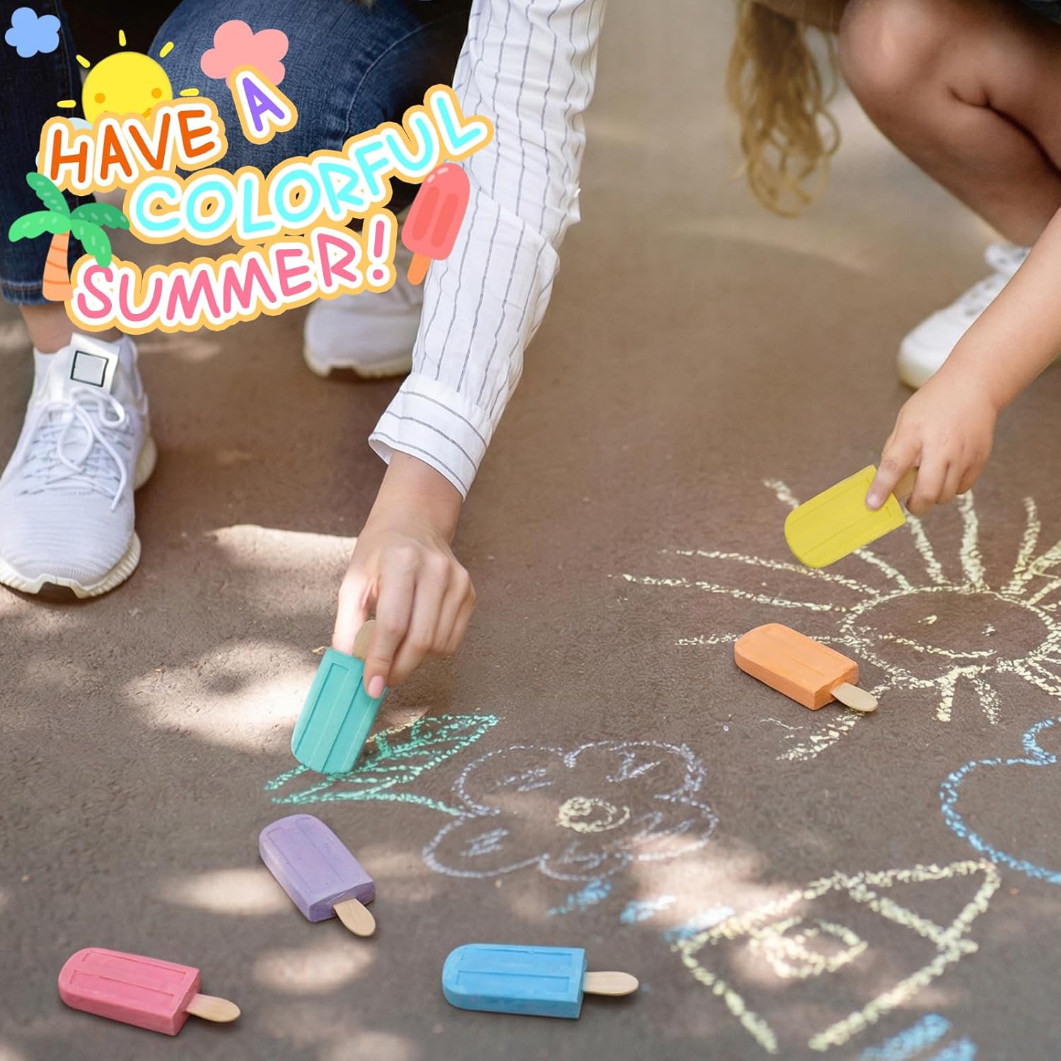 Gueevin 24 Set Ice Cream Sidewalk Chalk Set Washable Sidewalk Chalk Gifts Bulk 6 Color Summer Kit Gift with Bag, Card & Ribbon for Street School Graduation Summer Outdoor Art Play Party Favors