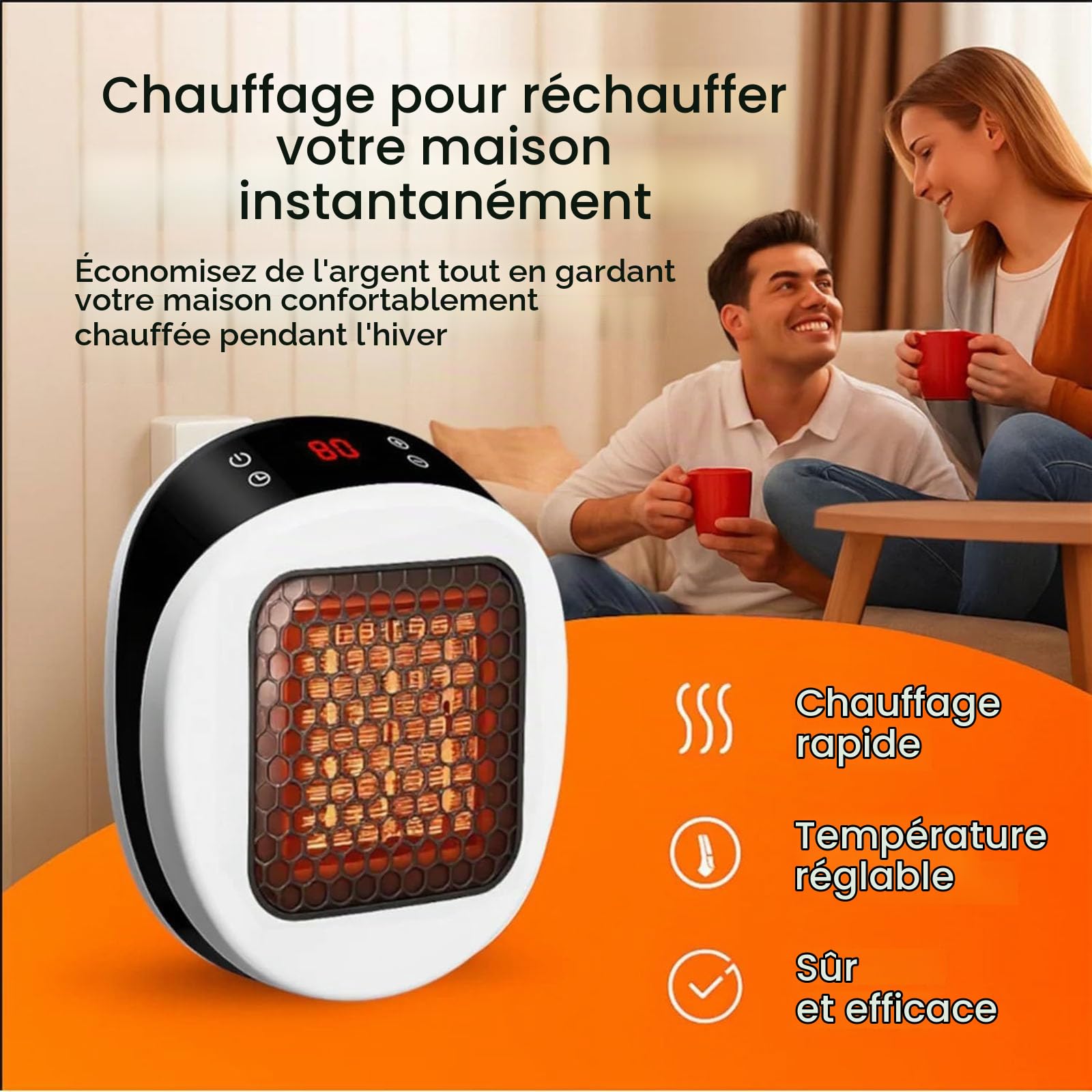 Réfacteur portable Lunaheater - chaleur en céramique instantanée en 30 secondes, mini radiateur d'espace 600 W avec bougie rotative, thermostat réglable, affichage LED et télécommande (White)