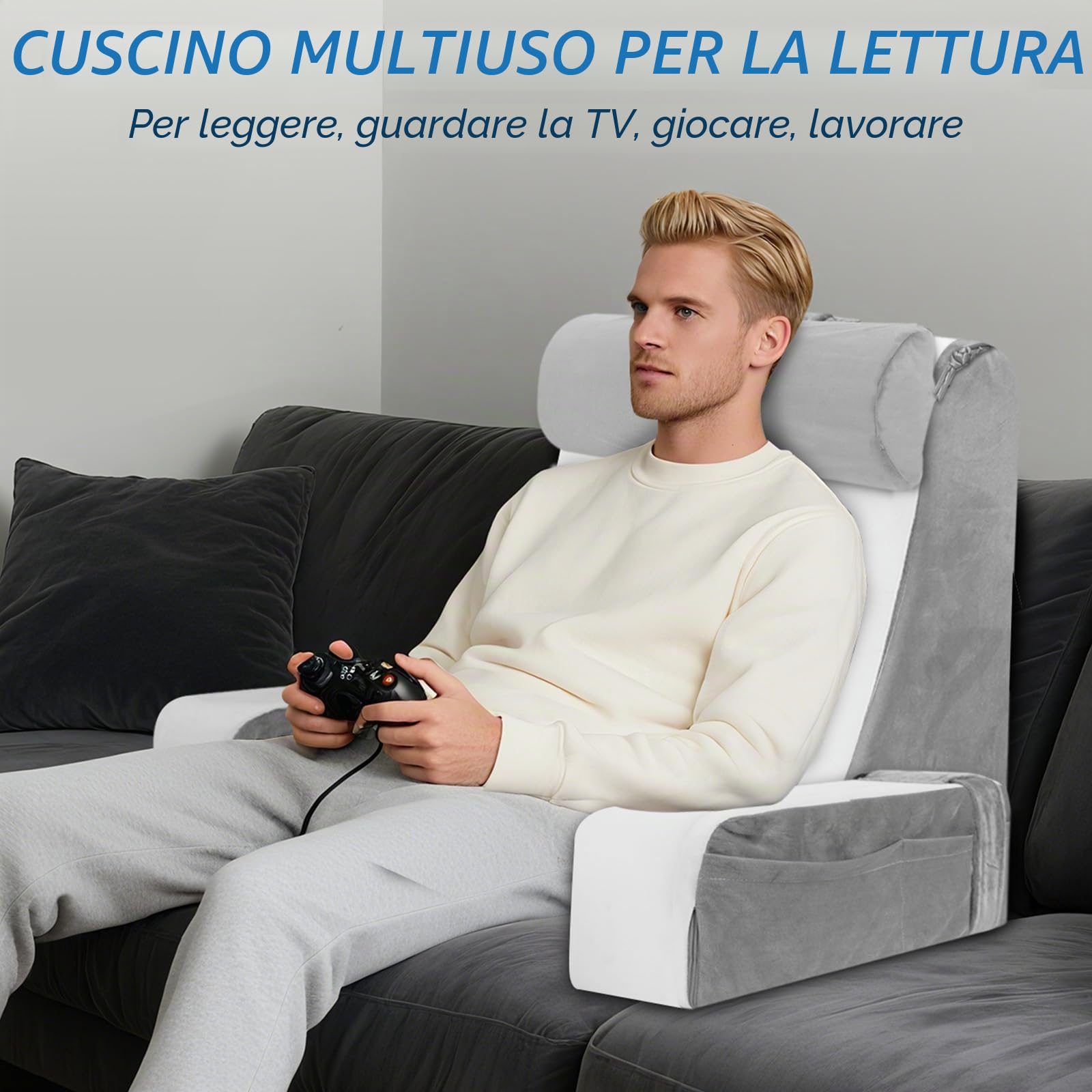 HOMCA Cuscino da Lettura per Letto e Divano con Cuscino per il Collo e Braccioli Rimovibile, Cuscini per Leggere/Rilassarsi/Guardare La TV, con Tasca e Fodera Lavabile (38x47x57cm)