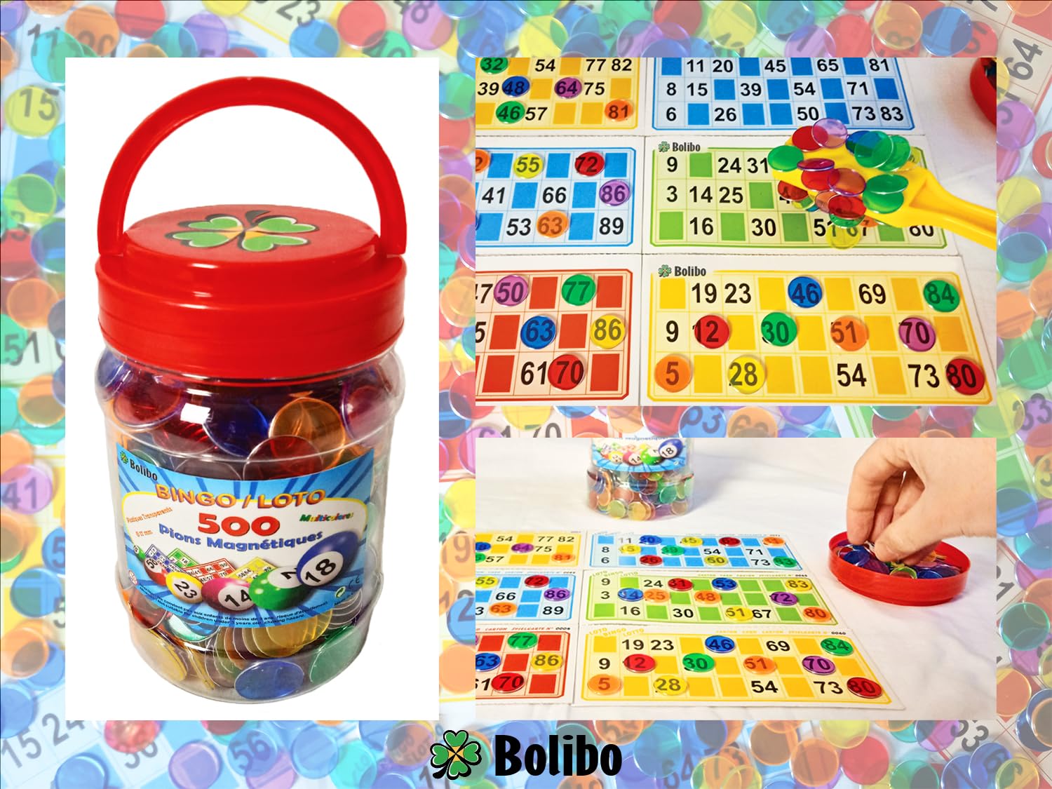 Bolibo - 500 - JETON Loto magnétique, boîte de 500 PIONS magnétiques - 17mm de diamètre - Multicolores - en Plastique Transparent - Bingo