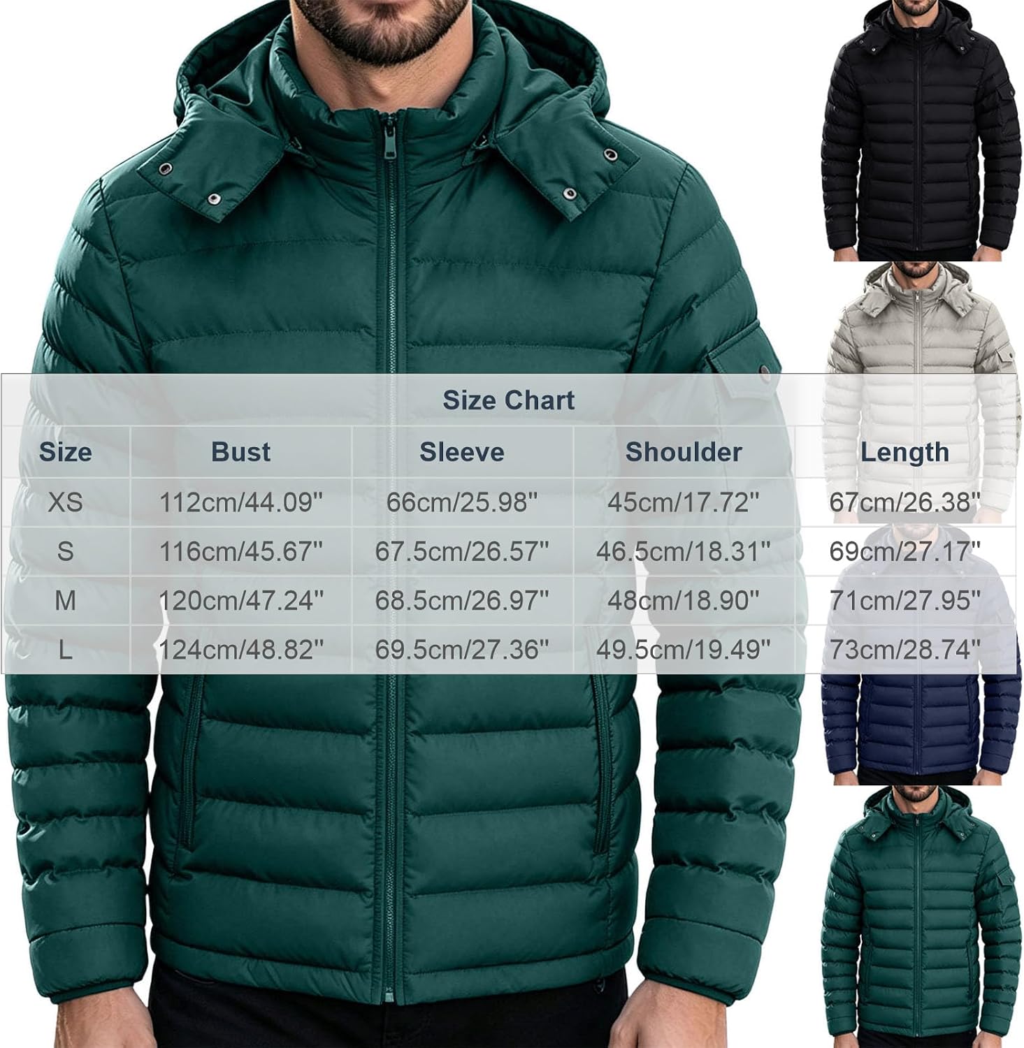 Men's Hooded Puffer Jacket, Winter Warm Quilted Work Coat, Zip Up