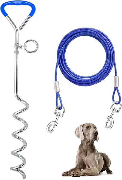 Supet Dog Tie Out Cable and Stake for Yard and Camping, Heavy Duty Stakes and Lead for Large Dogs up to 125lbs, Dog Scew and Tether for Outside (10FT)