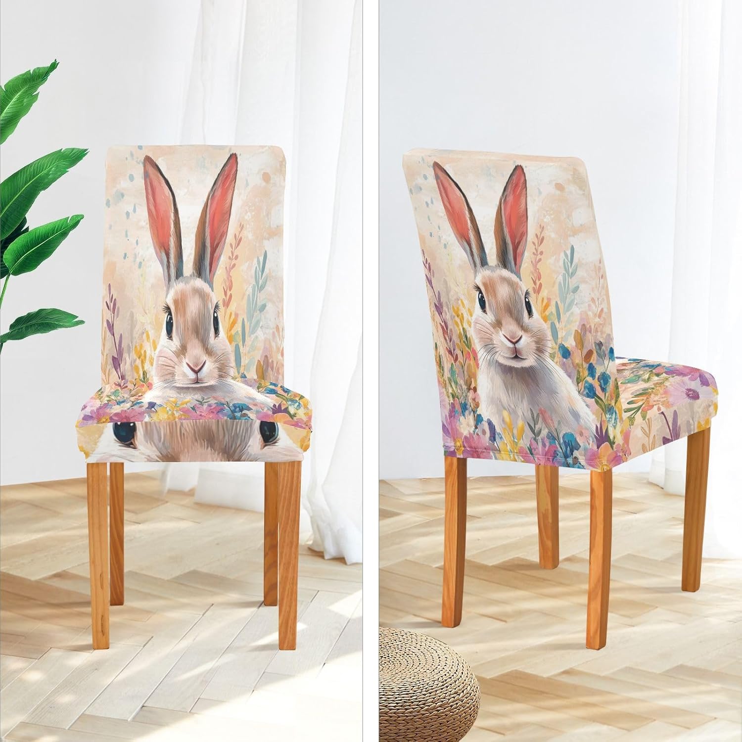 ALAZA Chair Covers for Dining Room, Happy Easter Easter Bunny Floral Stretch Chair Cover Sets Chair Protector Removable Washable for Ktichen Restaurant Hotel