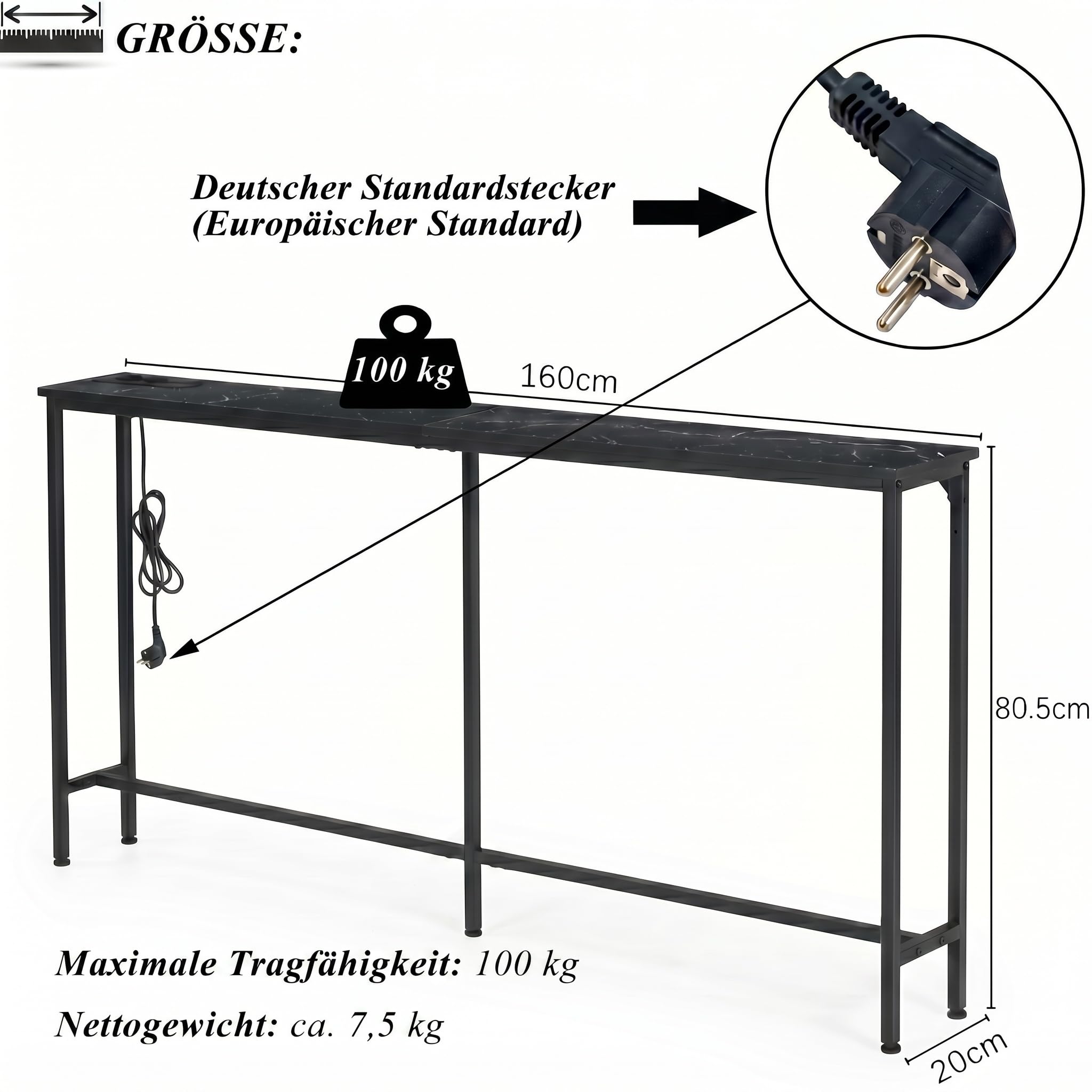 Mesa Consola Recibidor Entrada con Toma 160 cm A.(Mármol Falso/Juego de 2)